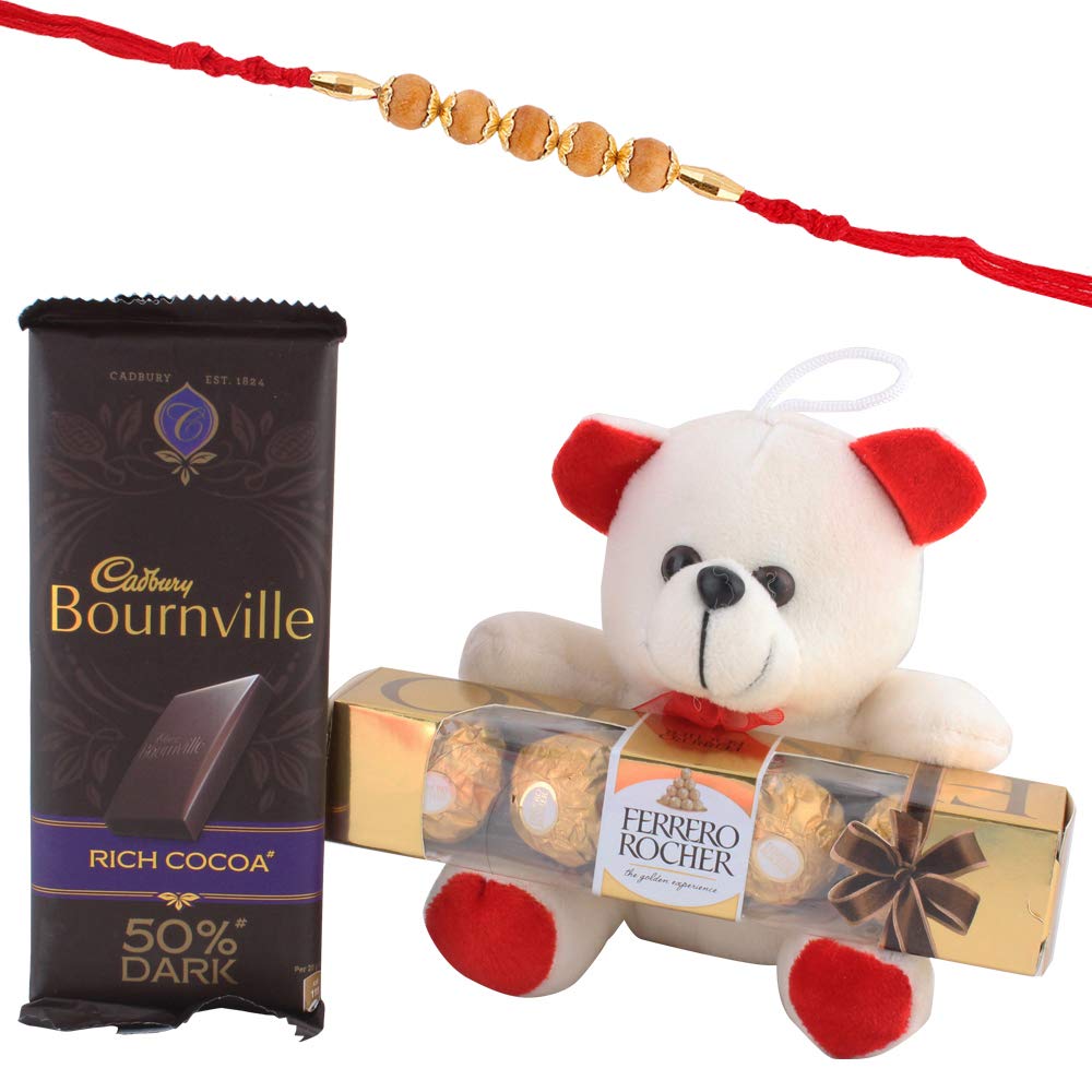 SFU E Com Cocoa Chocolate with Teddy Bear Gift Pack|Beautiful Sandalwood Rakhi Chocolate for Bother | Roli, Chawal, Chandan, Misri | 67