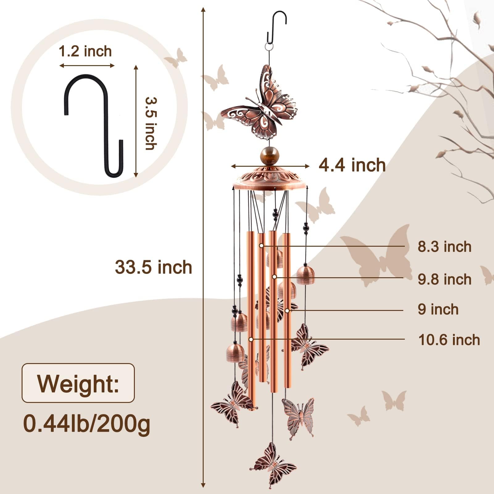 zalati Campane a vento con motivo farfalle con 4 campane a vento in alluminio con gancio a S per patio, giardino, corridoio, decorazione interna ed esterna