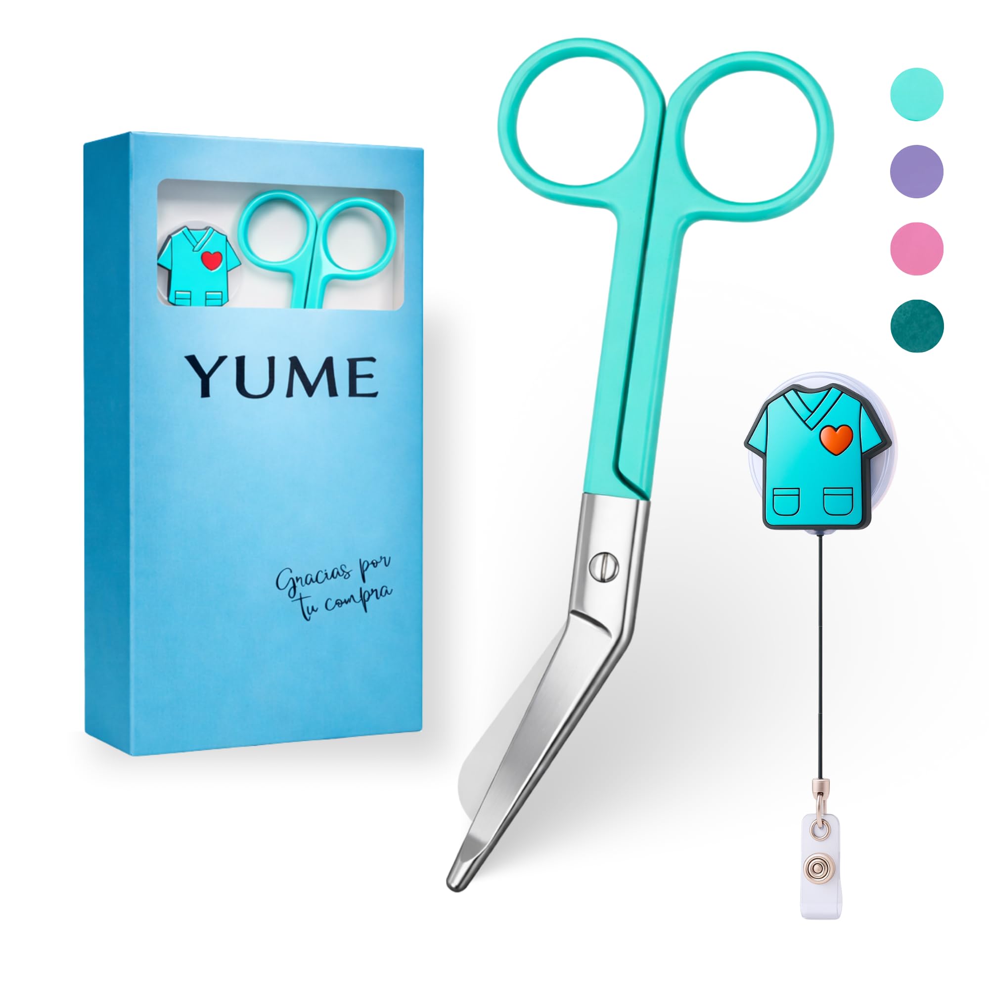YUME Forbici Infermiere + Portachiavi retrattile regalo | Forbici Infermiera per Bendaggio | Forbici infermiera Curve, Punta Arrotondata (BLU)