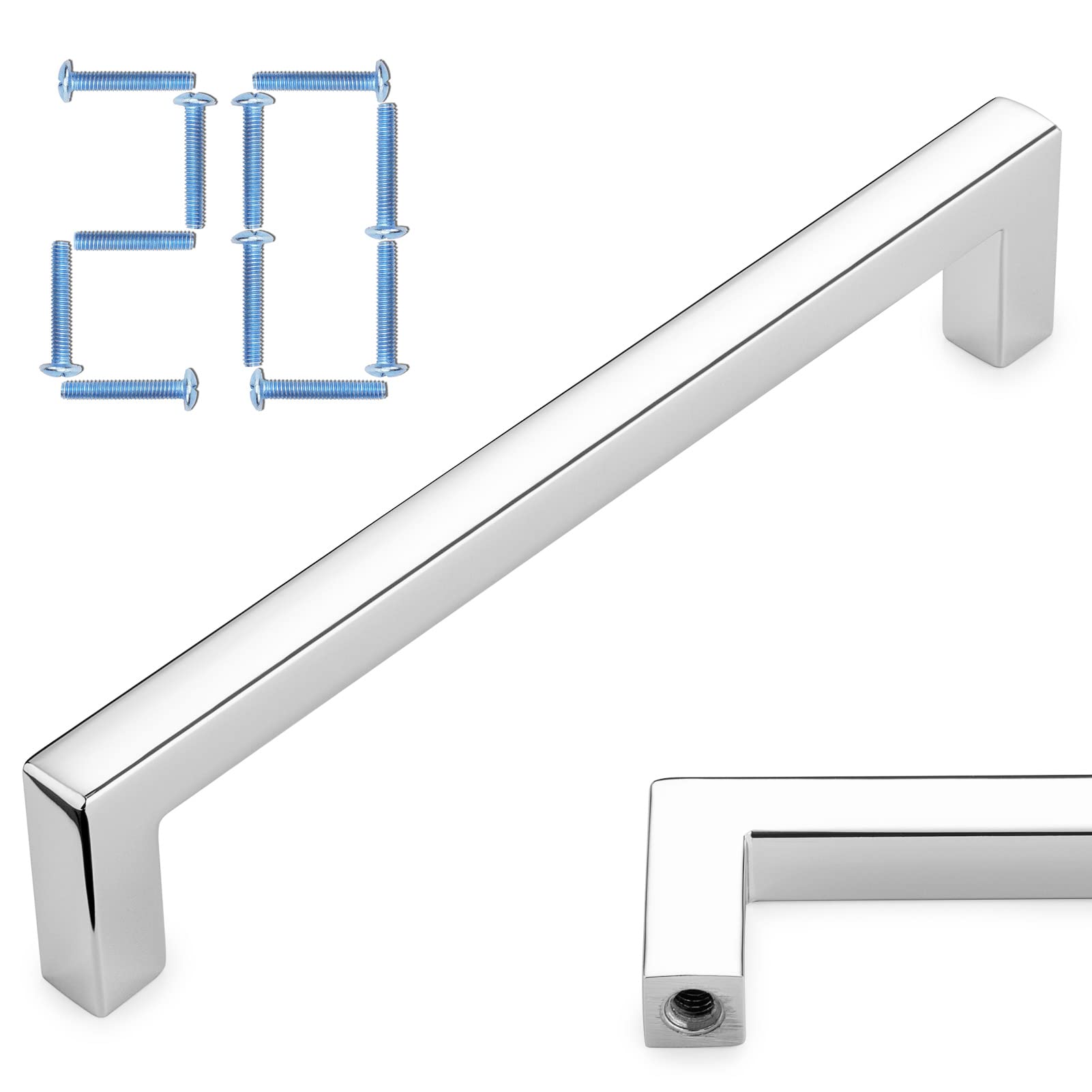 KOOFIZO20-Pack Solid Square Bar Cabinet Handle - Chrome Furniture Pull, 5 Inch/128mm Screwhole Distance for Kitchen Cupboard Door, Bedroom Dresser Drawer, Bathroom Wardrobe Hardware