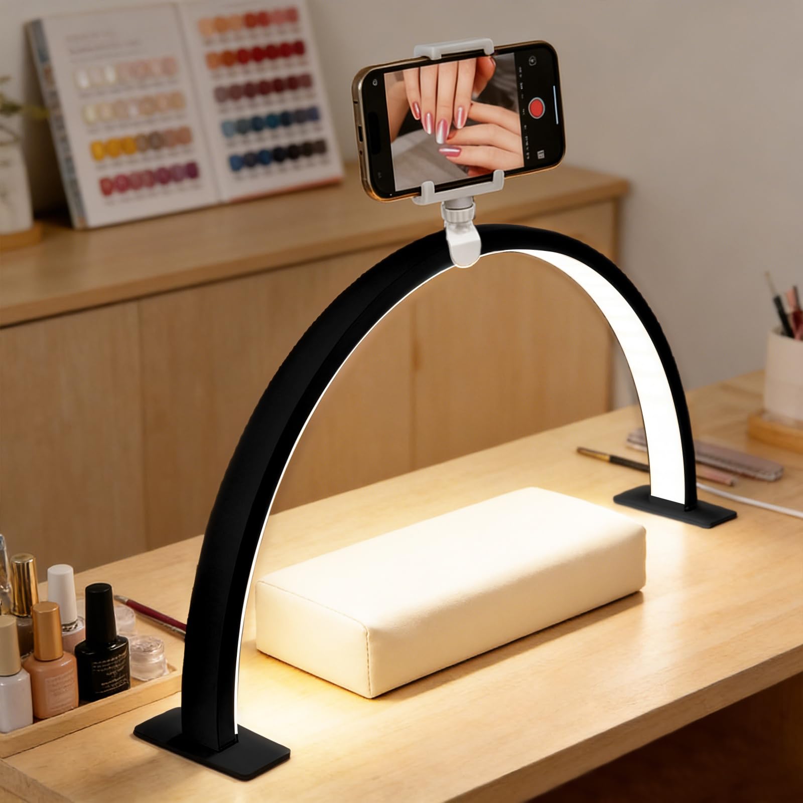 Half Moon Light for Nail Desk, 21.7" Foldable LED Nail Lamp with Phone Holder, 36W Nail Tech Table Lamp,3 Color Modes 10 Brightness Adjustable for Manicure Eyelash Extension, Tattoo,Skincare (Black)