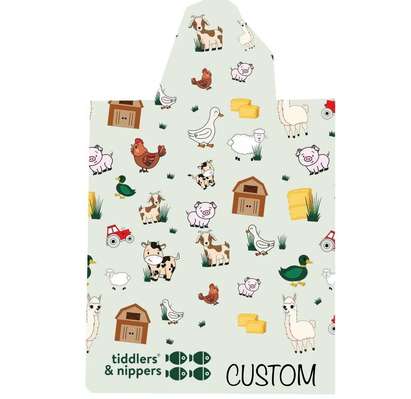 tiddlers & nippers Kids Patterned/Plain Microfibre Hooded Towel/Poncho | Super Absorbent Microfiber & Quick Drying | Ideal For Beach, Pool, Holidays & Travel (Personalised Farmyard Family, 5-10 Years)