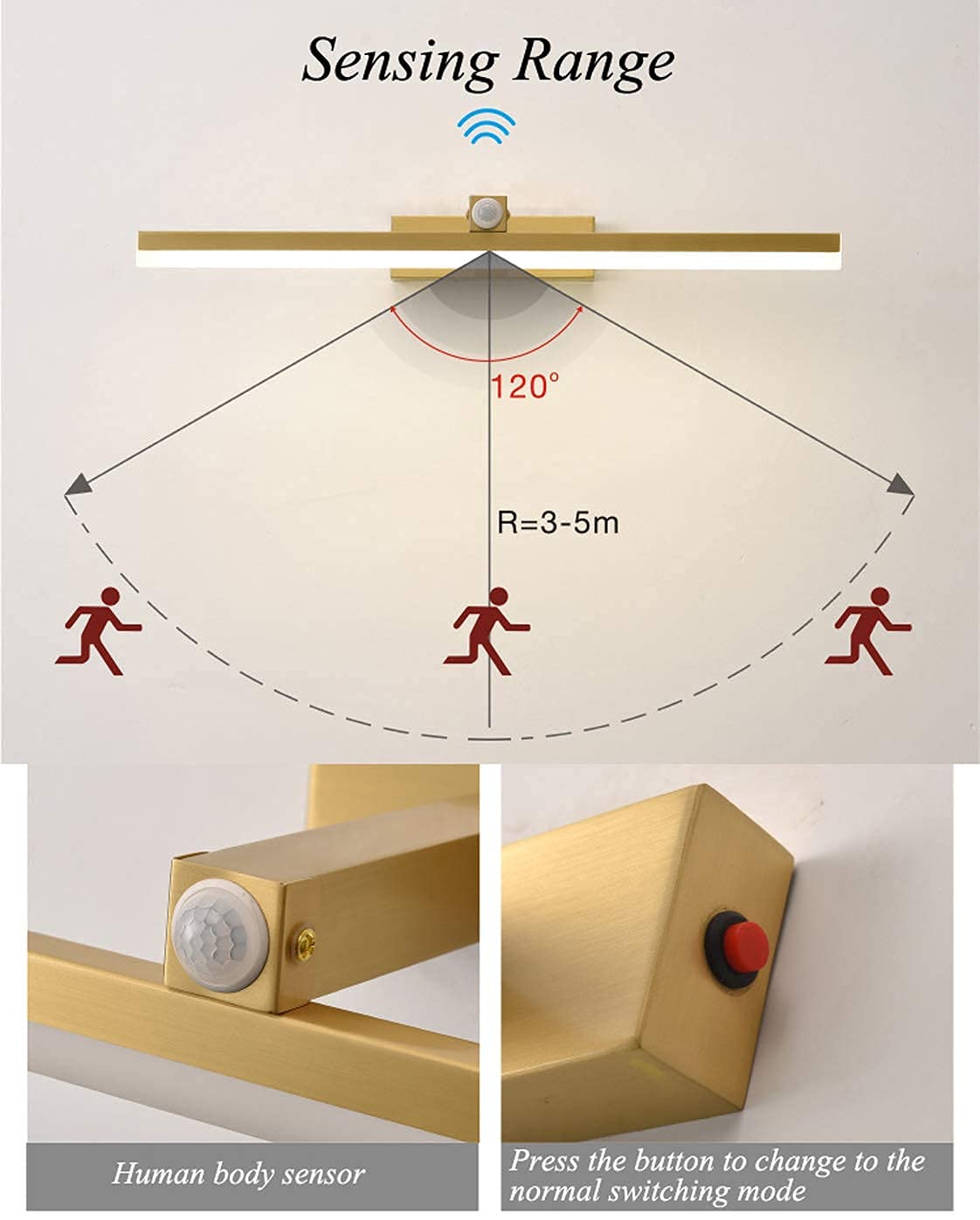 Sensore di Movimento della Luce dello Specchio Vintage a LED, Lampada da Parete per Il Trucco del Bagno Illuminazione Frontale del comò con Interruttore Angolo Regolabile Bianco Caldo 4000K