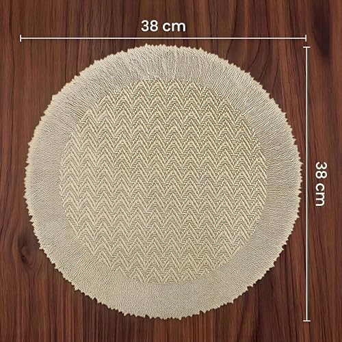 Image of Yellow Weaves 1 Pc PVC Round Table Placemat, Dining Table Mat, Stain Resistant, Anti-Skid, Waterproof, Washable, Dining, Kitchen, Restaurant Table Set Easy to Clean, Durable (Zig Zag Golden)