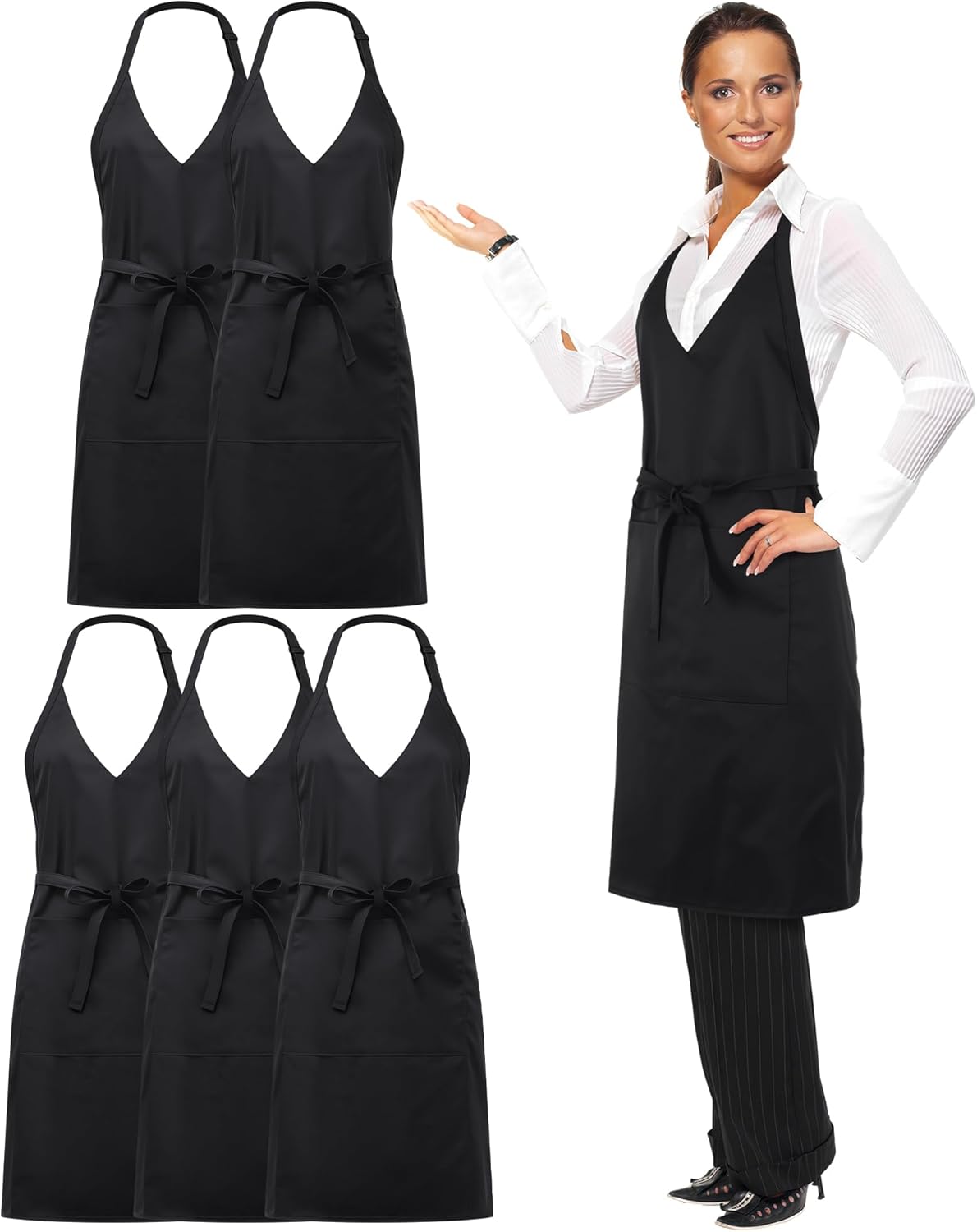 Liitrsh 5 Pcs Unisex V Neck Aprons 2 Pockets Adjustable Black Tuxedo Server Aprons with Long Waist Tie Formal Waiter Pinafore for Banquet Event Server Waiter Bistro Chef Restaurant