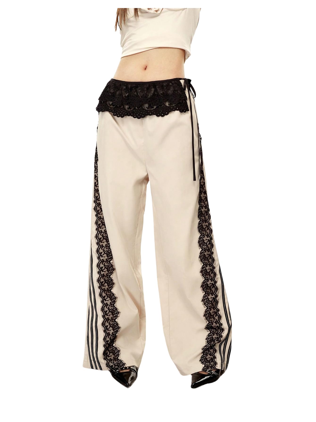 Floerns Womens Y2k Wide Leg Pants Elastic Waist Lace Trim Tie Side Going Out Trousers
