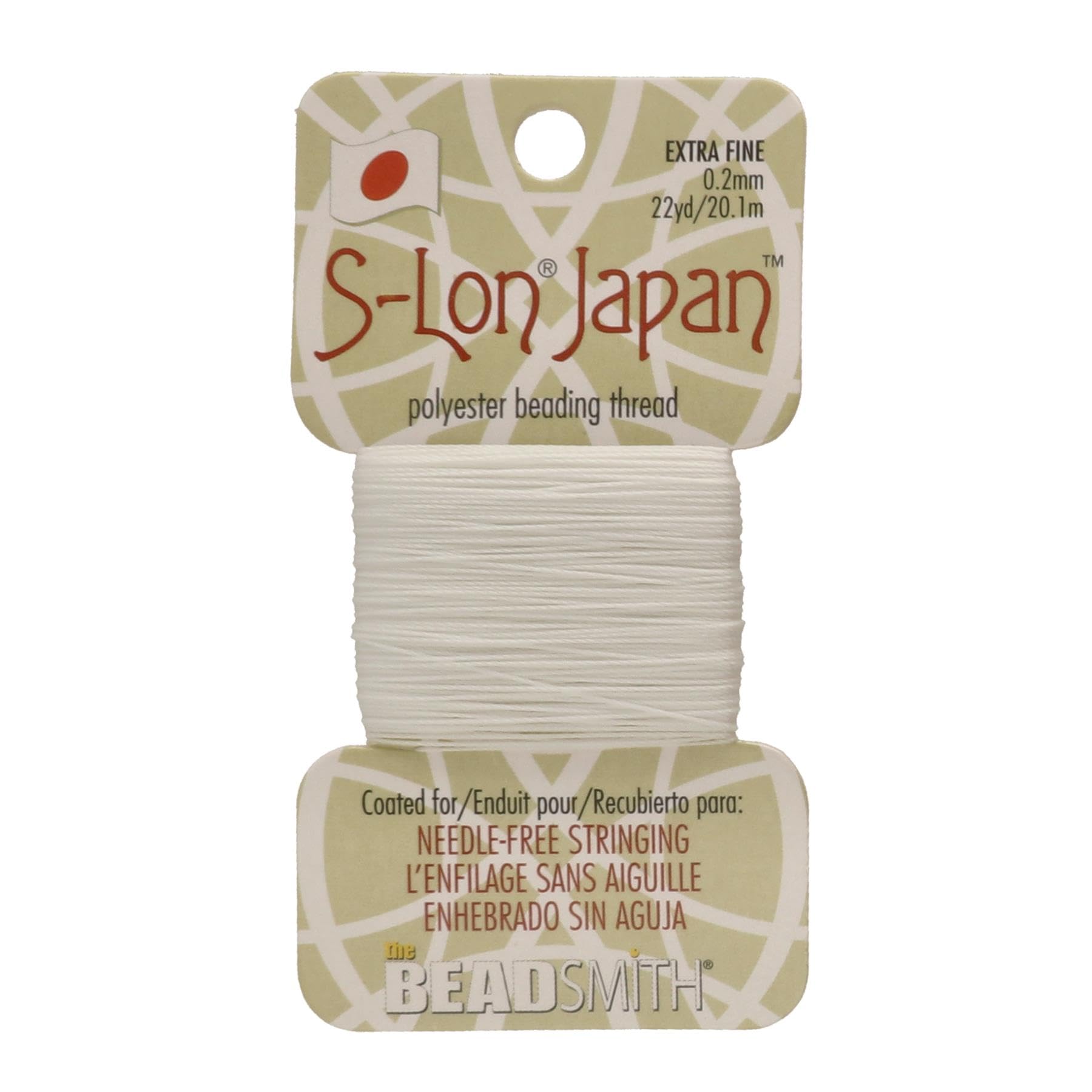 The Beadsmith S-Lon Japan – Filo di poliestere extra fine – Colore bianco, diametro 2 mm, 20 metri per scheda – senza ago, facile da infilare perline – ideale per gioielli annodati, perle e