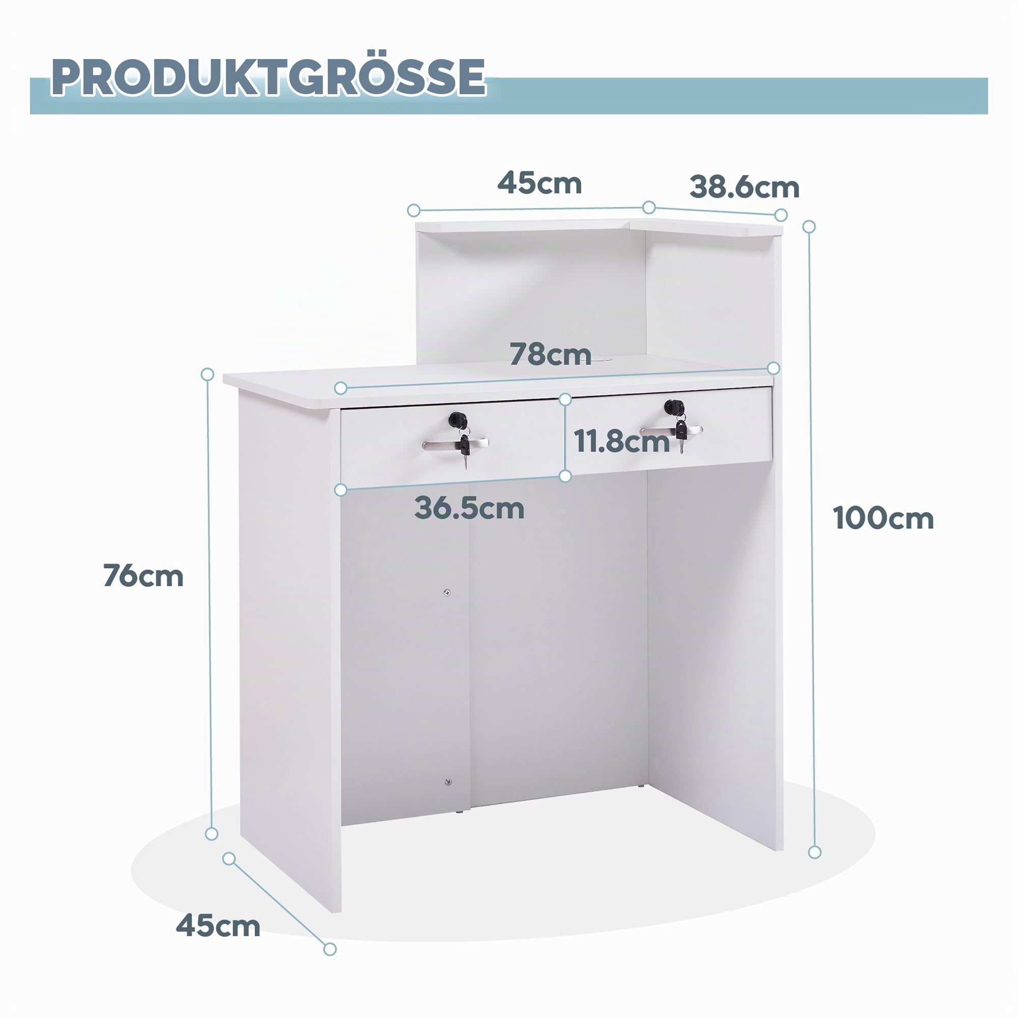Empfangstheke Klein, 80 cm Rezeptionstheke mit Abschließbarer Schublade & Offenen Regalen, Empfangstresen Rezeption Thekentisch Verkaufstheke für Büro, Hotel, Laden, Friseur & Schönheitssalon, MDF