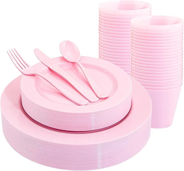 KIRE 150 Pieces Pink Plastic Plates Disposable - Pink Dinnerware Set Include 25 Dinner & 25 Salad Plates 25Forks 25Knives 25Spoons 25 Cups for Baby Shower/Bridal Shower