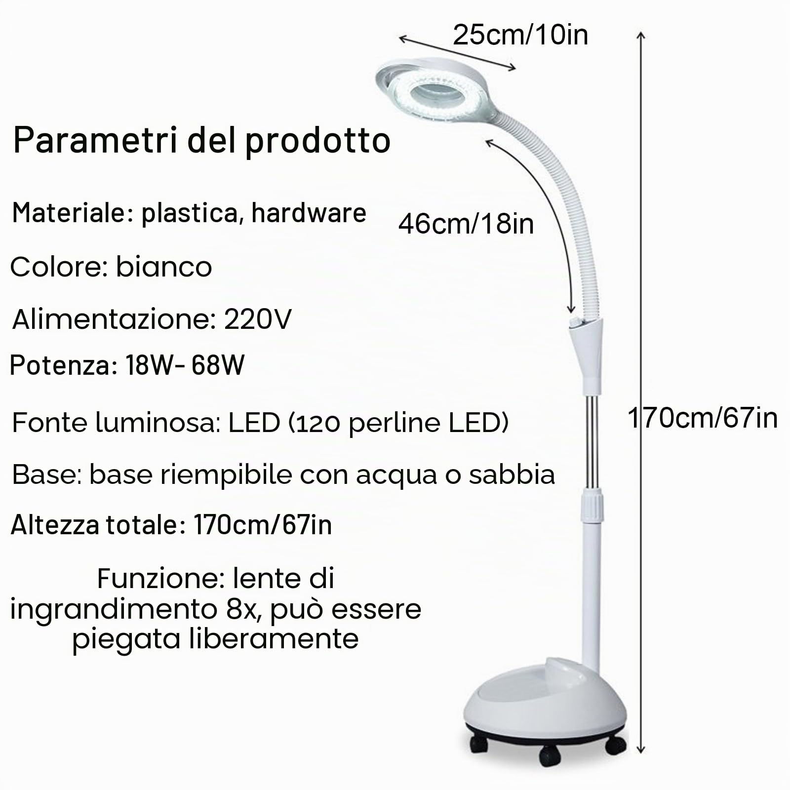 Lampada Medica Senza Ombre con Ingrandimento 8X, Luce LED Chirurgica Mobile Regolabile, 360° Girevole per Studio Dentista Veterinario, Esami Senza Sfarfallio.
