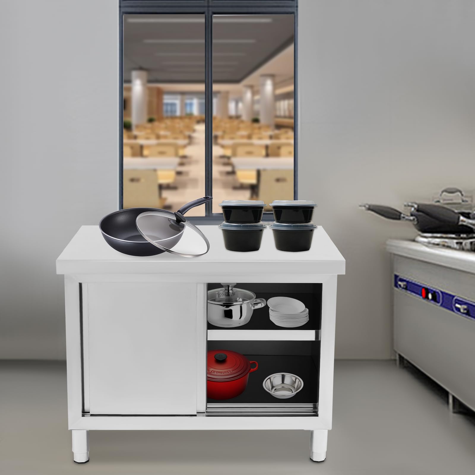 Mesa De Trabajo De Acero Inoxidable De 3 Pisos, Mesa De Cocina Con Puertas Correderas, Armario Comercial, Acero Inoxidable, Con Puertas (100 X 50 X 95 Cm)
