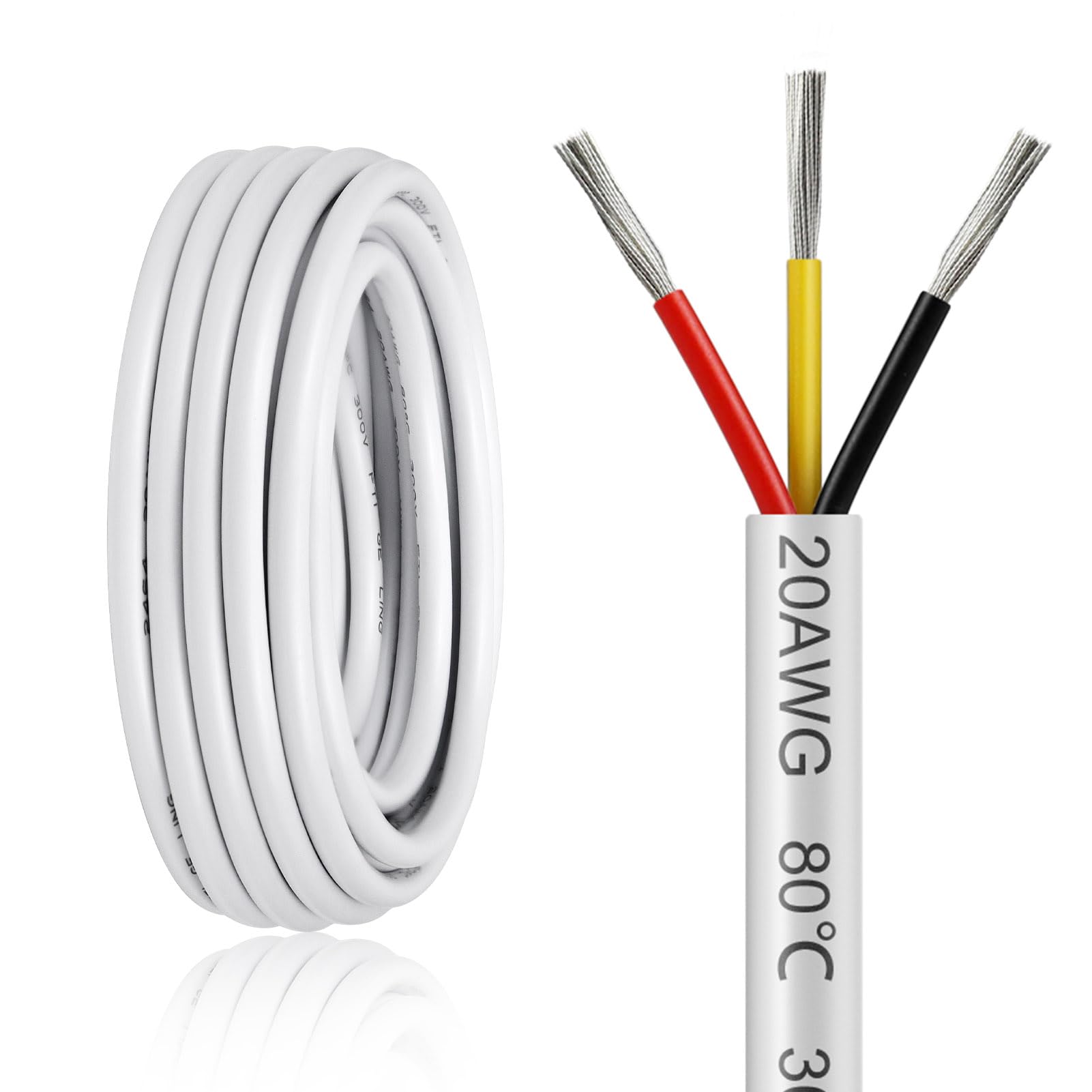 10 Metres 20AWG 3 Core Electrical Wire, 3x0.5mm² Flexible Red&Black&Yellow Stranded Tinned Copper Electric Cable, 12V 24V 240V 300V PVC White Electric Wire for LED Strips Lighting Lamp Automotive