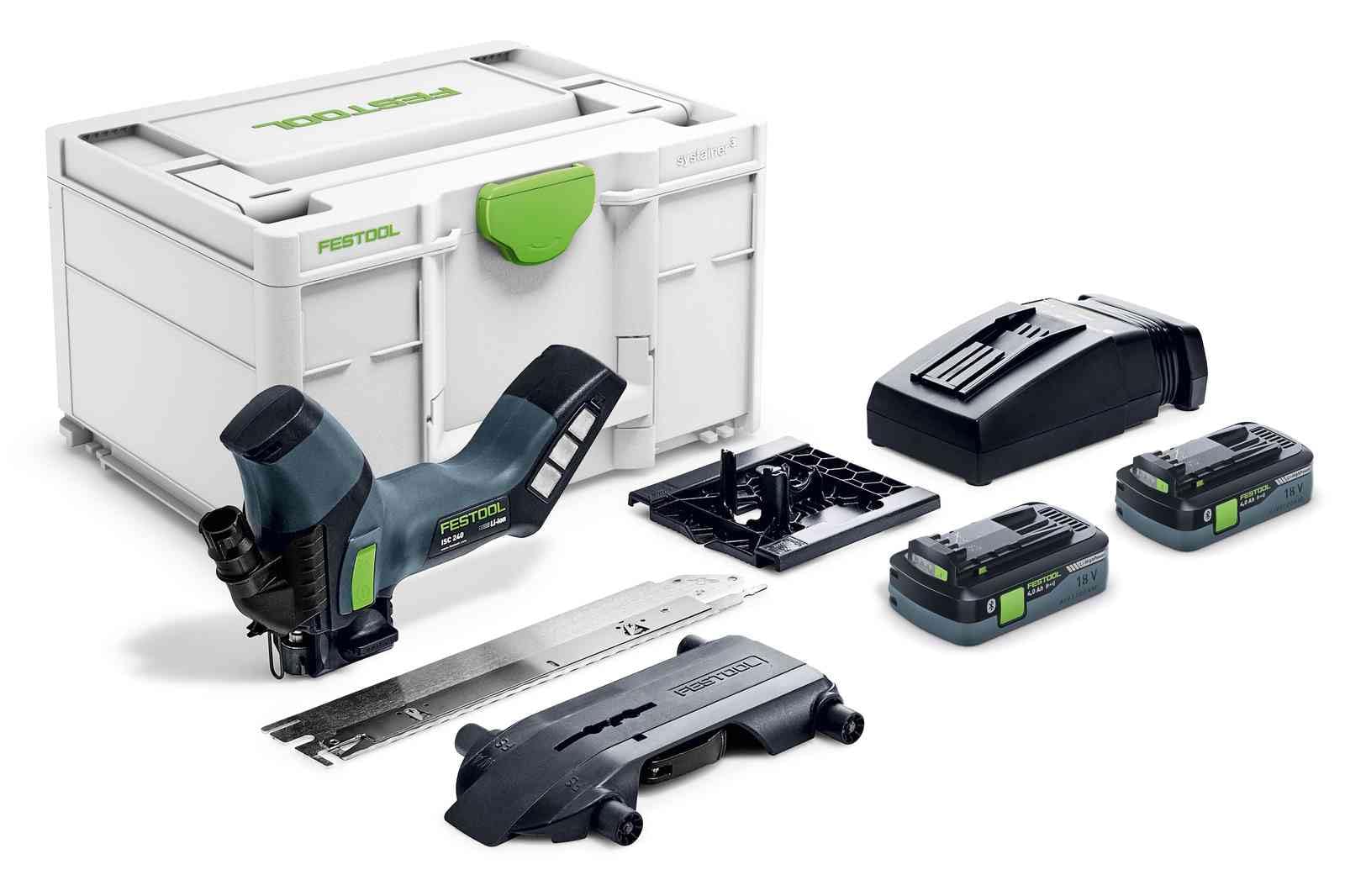 Festool Akku-Dämmstoffsäge ISC 240 HPC 4,0 EBI-Plus (mit Akkupacks, Schnellladegerät, Schneidgarnitur Wellenschliff, Adapter-Tisch, Führungsschienen-Schlitten), im Systainer