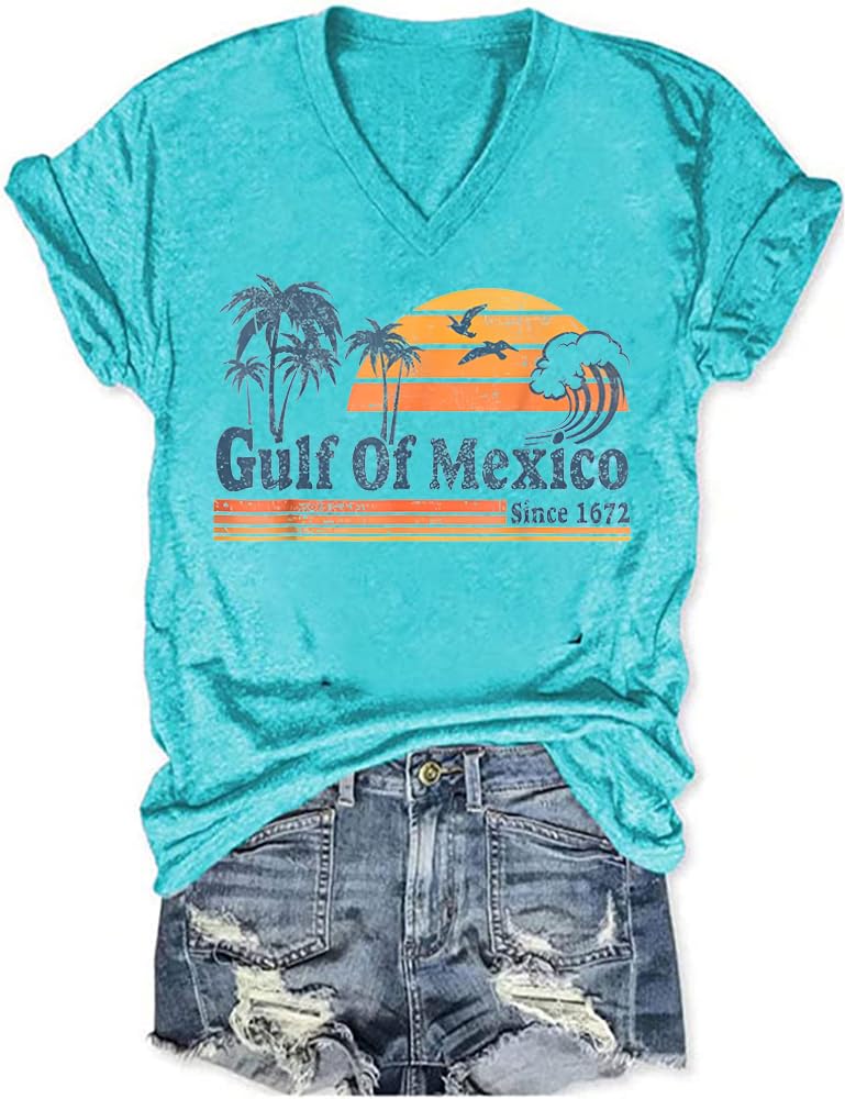 Woxlica Gulf of Mexico T Shirt Graphic Mexico Shirts for Women Retro Beach Tops
