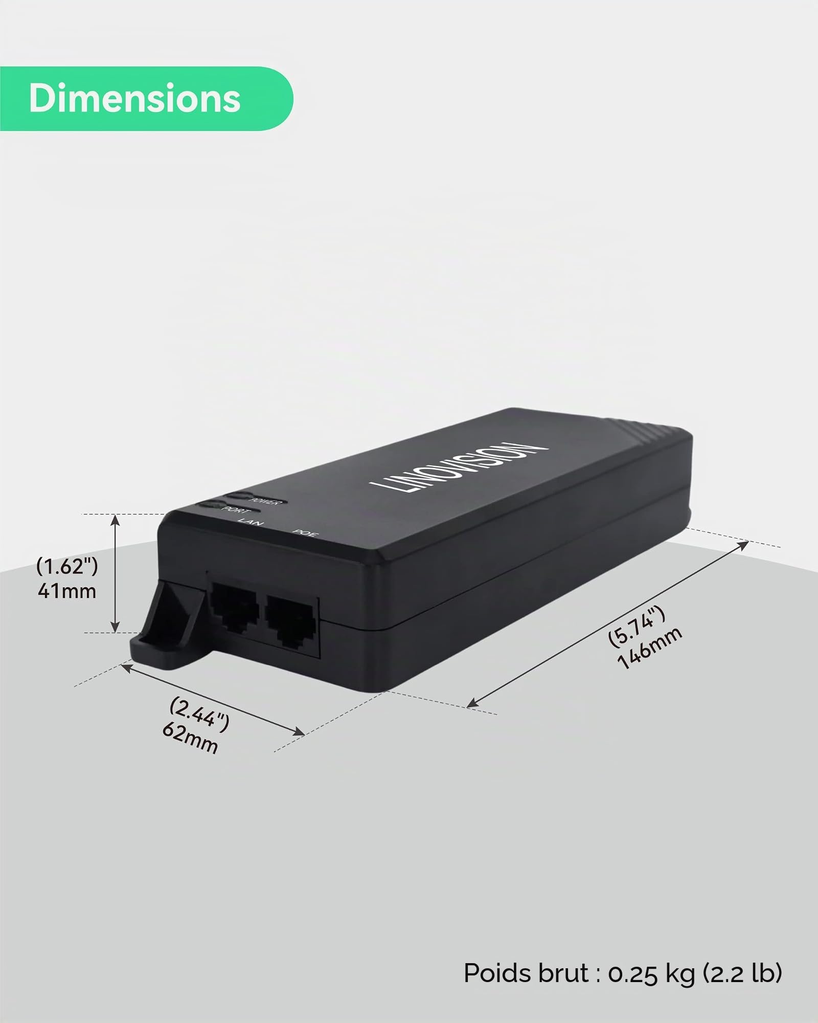 LINOVISION Injecteur PoE Passif Gigabit 90W, Injecteur PoE Monoposte, Midspan Hi-POE 10/100/1000Mbps, Injecteur d'alimentation PoE pour Caméra PTZ, Téléphone VoIP