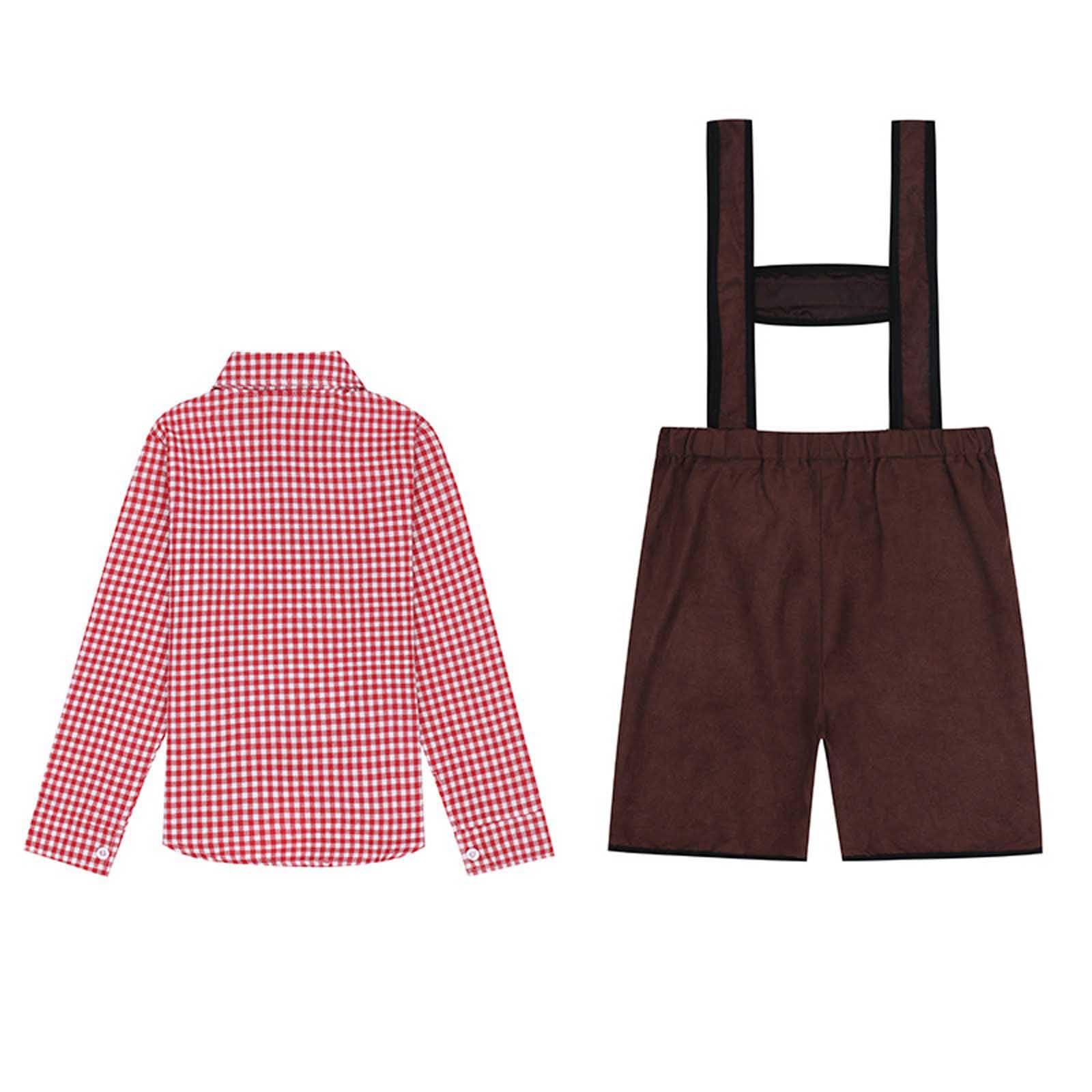 Generisch 2 Teilig Trachtenset Kinder Oktoberfest Kostüm Set, Kariert Trachtenhemd Jungen, mit Lederhosen Kinder, Kleidung Bayerlsches für Oktoberfest, Volksfest