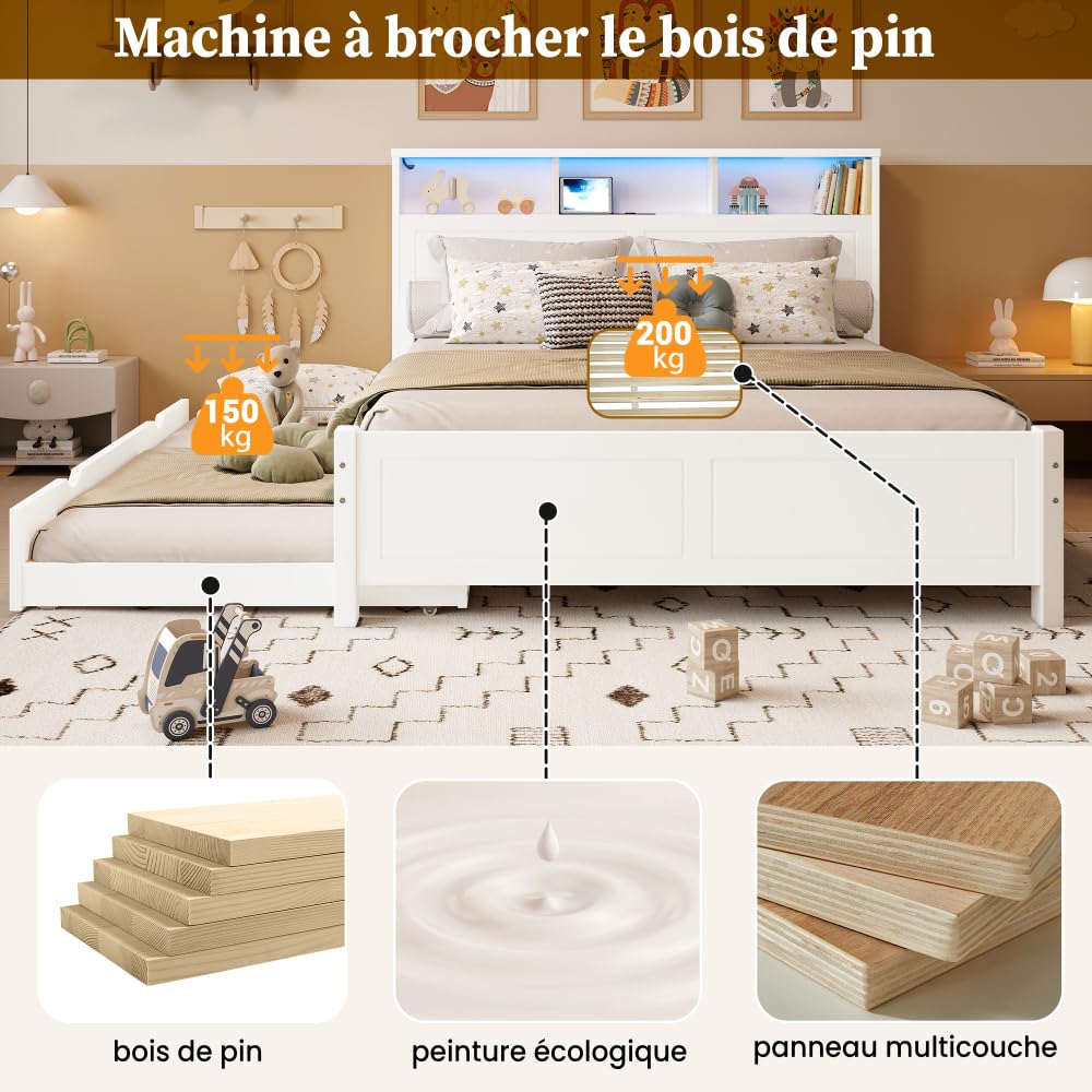 Sapgaks Lit 2 Personnes 120x200 et 90x190cm,lit avec sommier à Lattes et USB,Cadre de lit Double avec Bande Lumineuse d'ambiance,avec gigogne,Rangement en tête,Cadre en pin,pin+MDF,Blanc