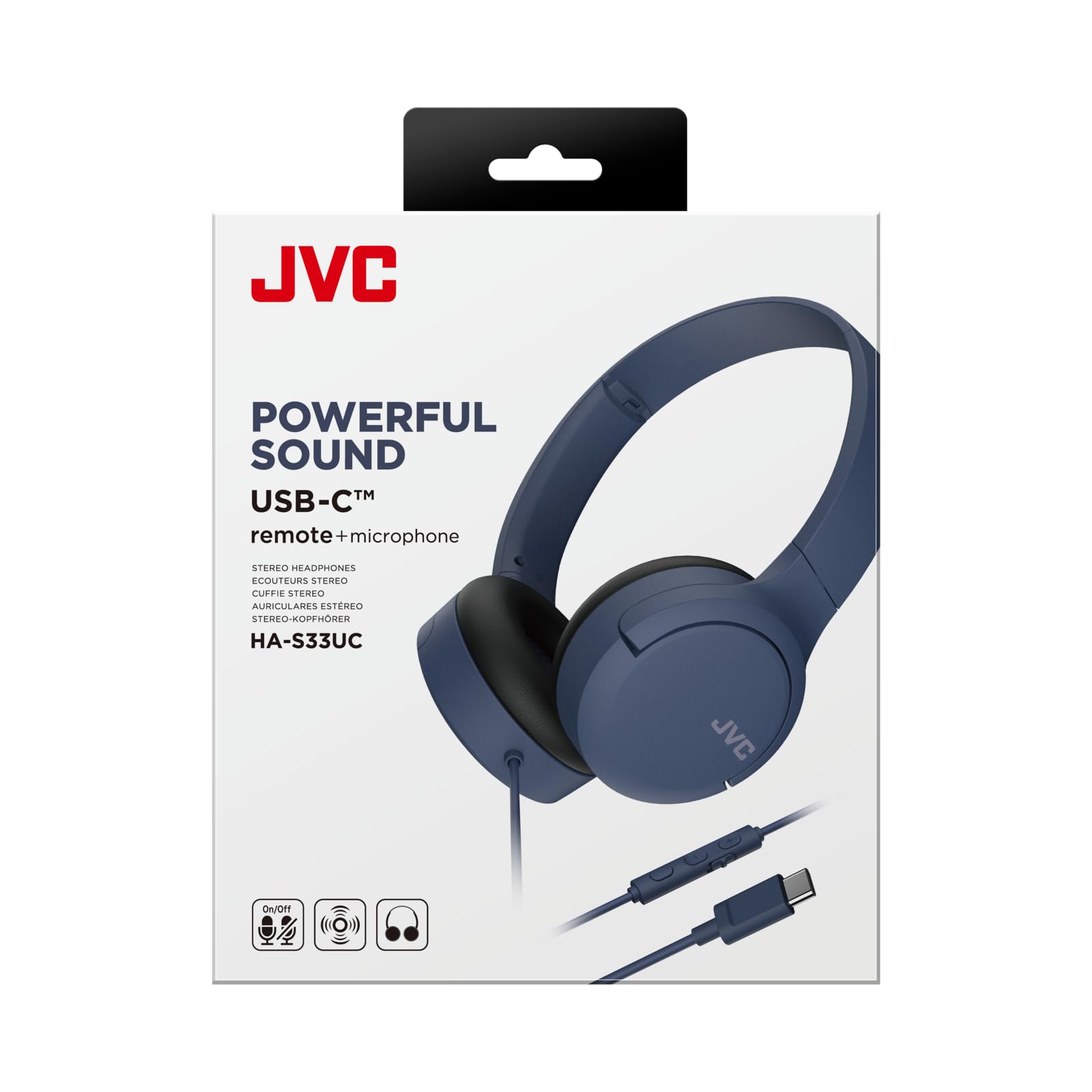JVC HA-S33UC-A USB-C Casque Supra-auriculaire Pliable avec Microphone et télécommande à 3 Boutons, câble unilatéral, Bleu