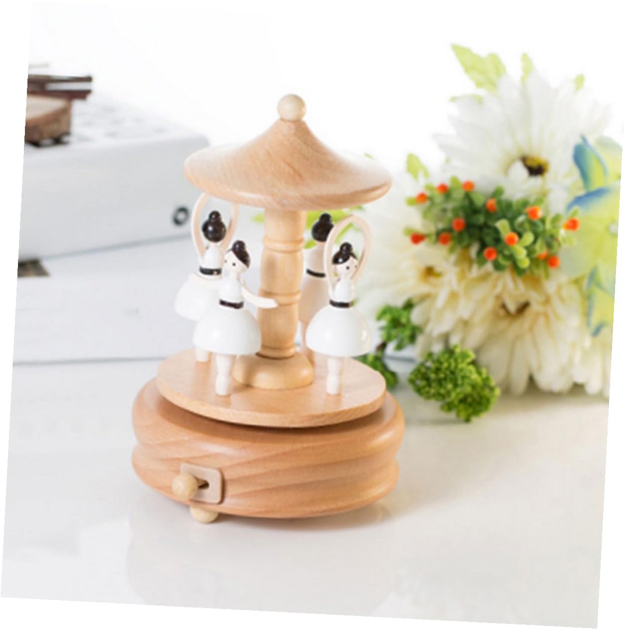 Caja de Música de Carrusel Giratoria de Madera Decoración Musical para Escritorio Adorno Creativo Figura de Bailarina Adecuado Obsequio Infantil y Cumpleaños Diseño Artesanal