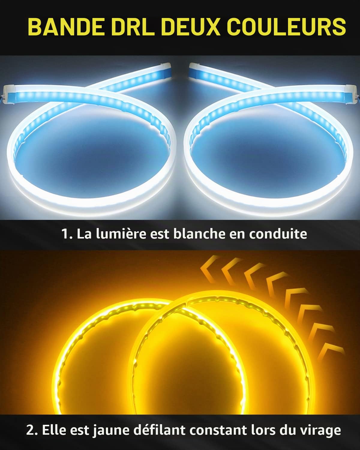 YONGMING Étanche Feux diurnes 30CM 12V Flexible DRL LED Bandes Lumineuses Clignotants pour Phare De Voiture Double Couleur Blanc Conduite Ambre Séquence Exécution, Pack de 2
