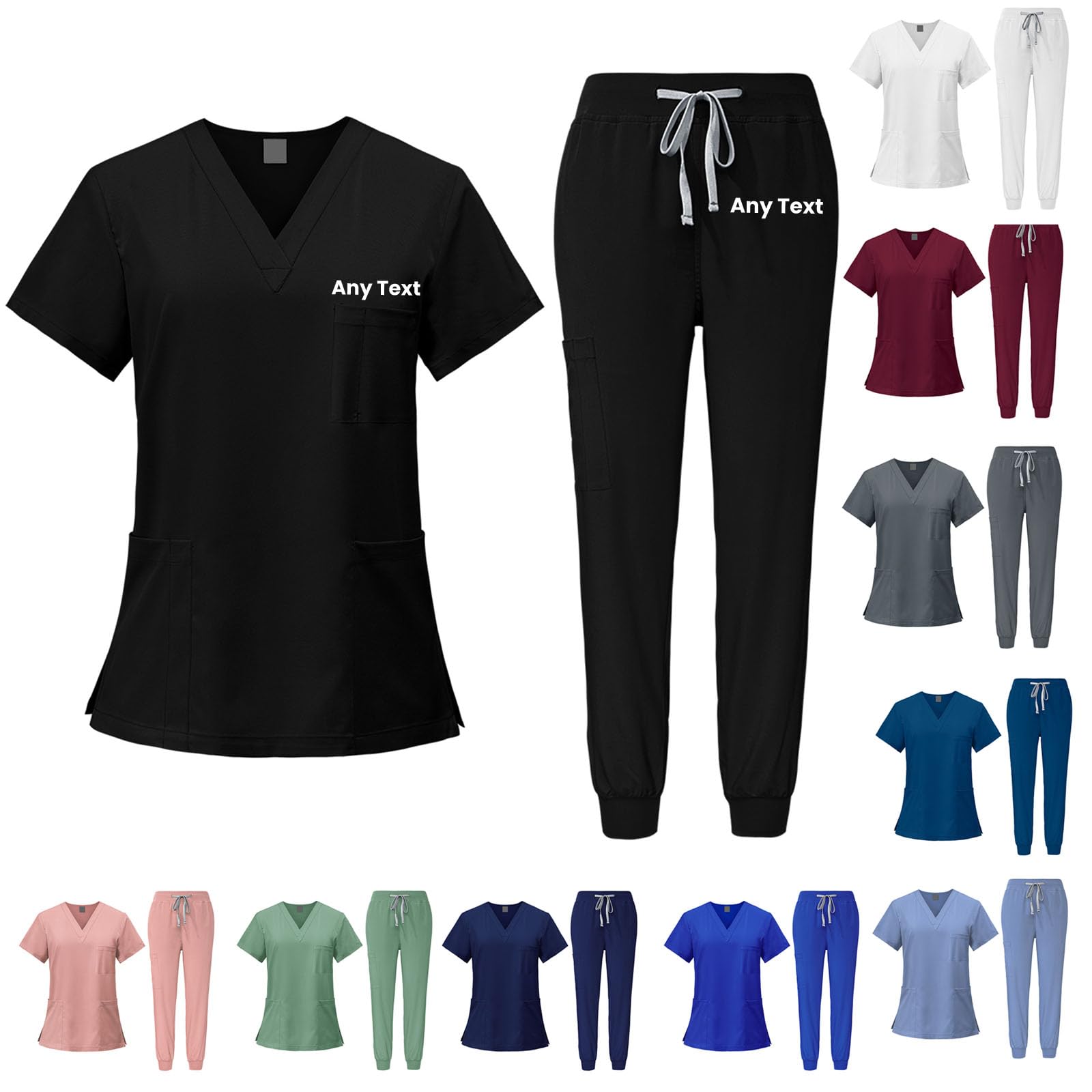 Set di scrub femminili, top con scollo a V e pantaloni da jogging, set personalizzato per infermieri e chirurgici