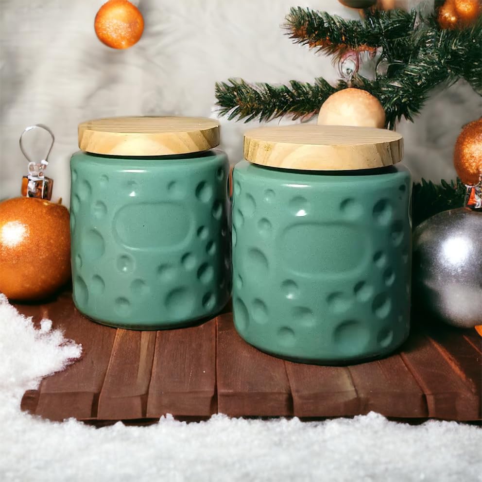 Image of Ceramic Kitchen Storage Jar Set of 2 (750 ml)| Airtight Green Canisters for Tea, Sugar & Spices | Modern Storage Containers | Airtight Pickle /Barni Jars with Lid | Countertop Food Jars for Kitchen