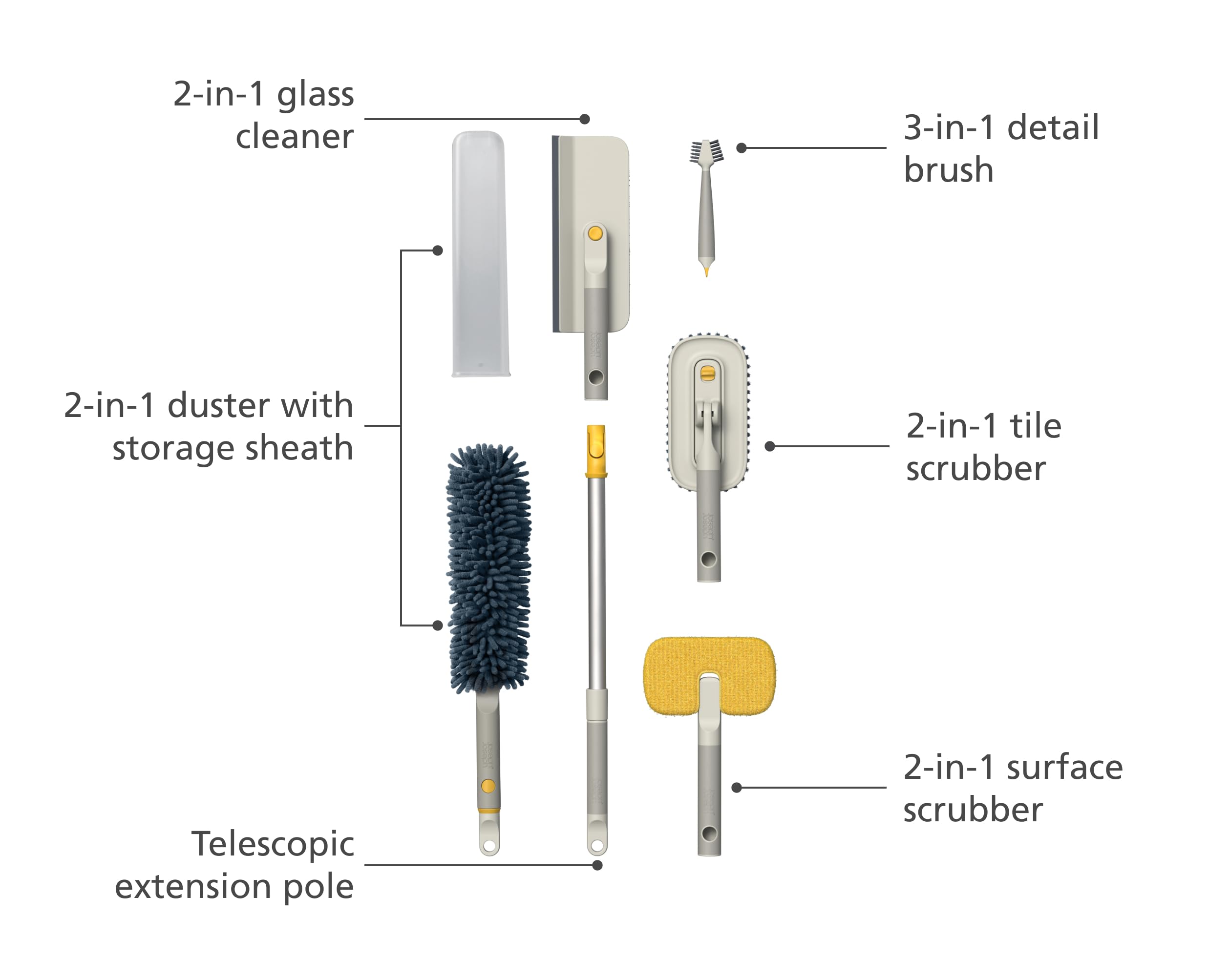 Joseph Joseph CleanTech zestaw głębokiego czyszczenia, 5 narzędzi, kij teleskopowy 61–86 cm