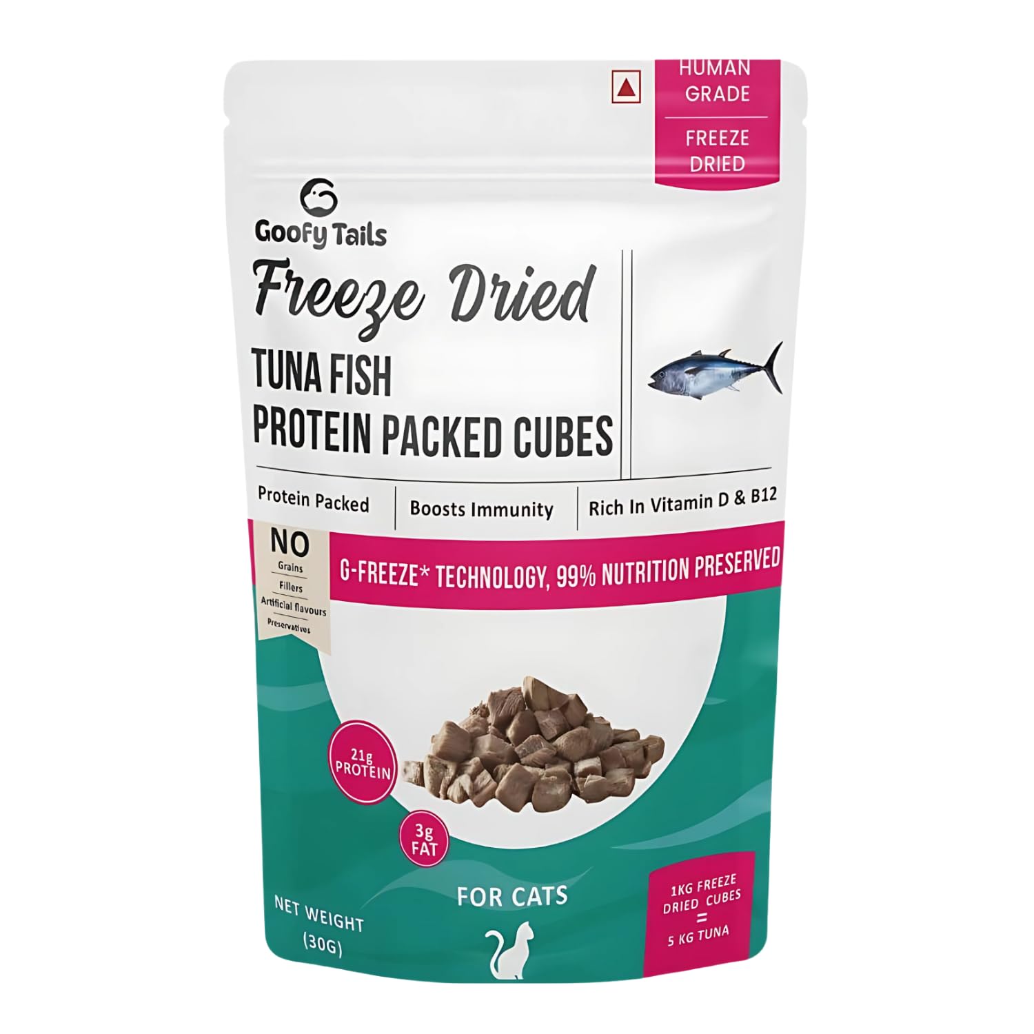 Goofy Tails Freeze Dried Tuna Chunk Cat Treats 30g, Single Ingredient Tuna Cat Treat, Gluten and Grain Free Treats for Cats, Protein and Omega 3, Antioxidant Rich, Easy to Digest Kitten Treat
