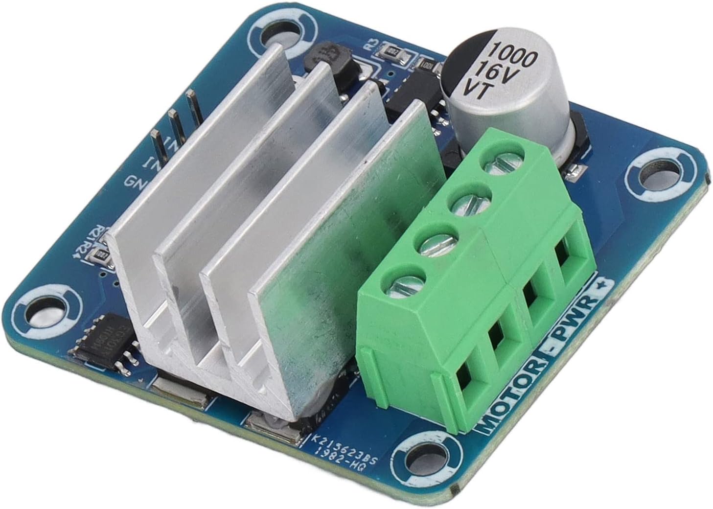 Close-up top view of the IBT 4 Motor Driver Controller, highlighting the green screw terminals for motor power and the yellow header pins for control signals.