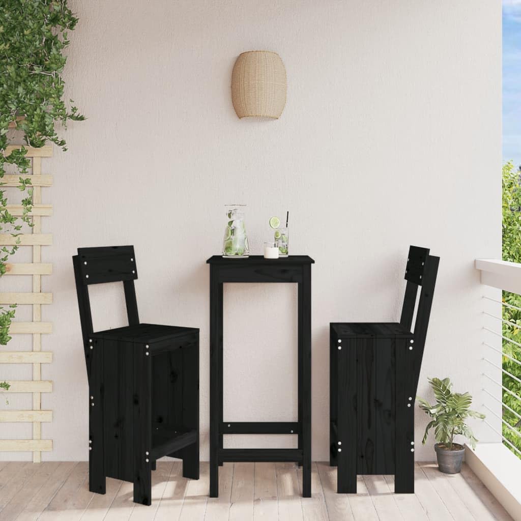 Stołek barowy, 2 szt., czarne, lite drewno sosnowe, 40 x 48,5 x 115,5 cm, z oparciem, podnóżek, do ogrodu, na balkon, taras, do użytku na zewnątrz