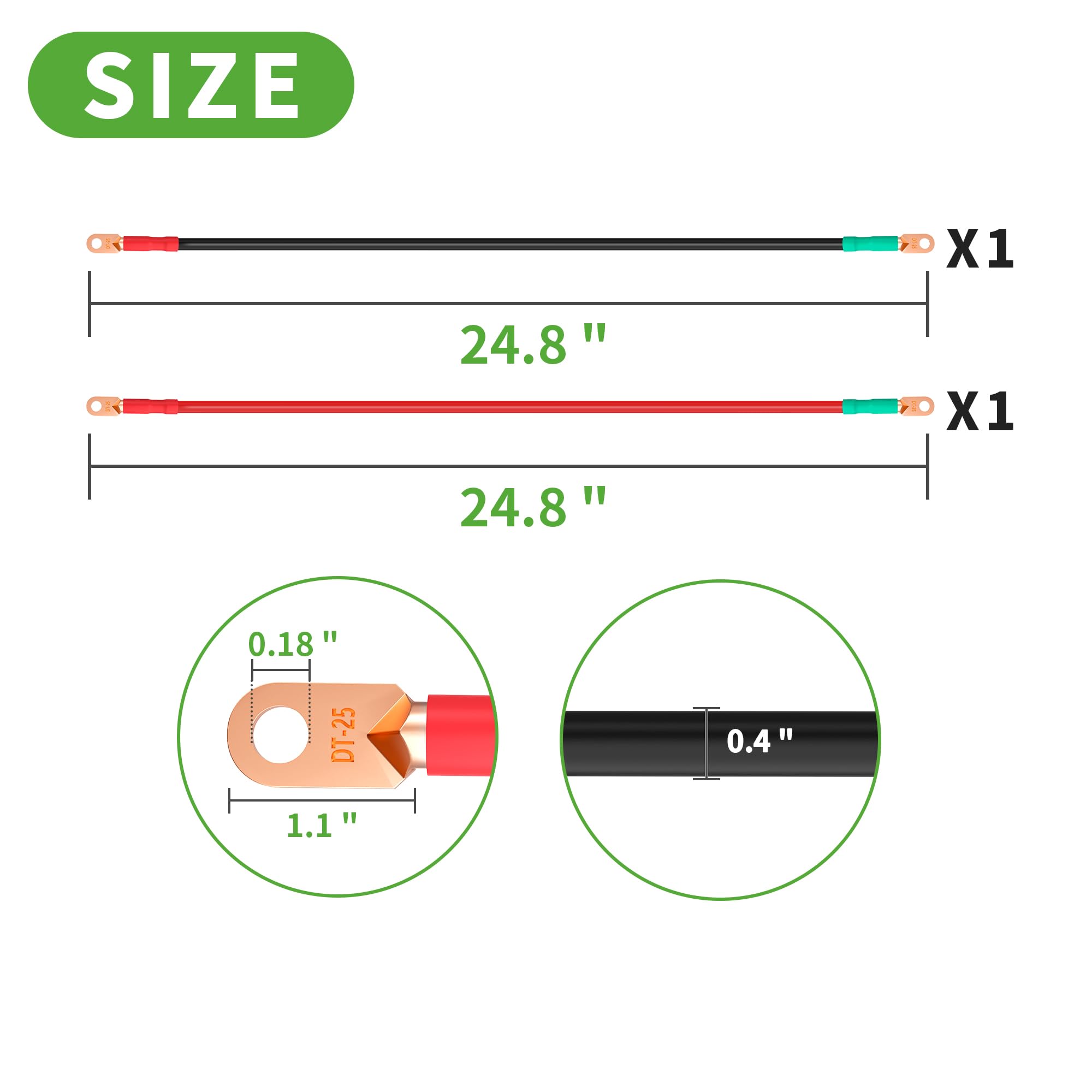 10L0L 4AWG 24 inch Battery Inverter Cables Set for Car, Marine, Motorcycle, RV, Golf Cart, Solar (1 Black & 1 Red) - 4 Gauge 2 Feet with 5/16 Ring Terminals