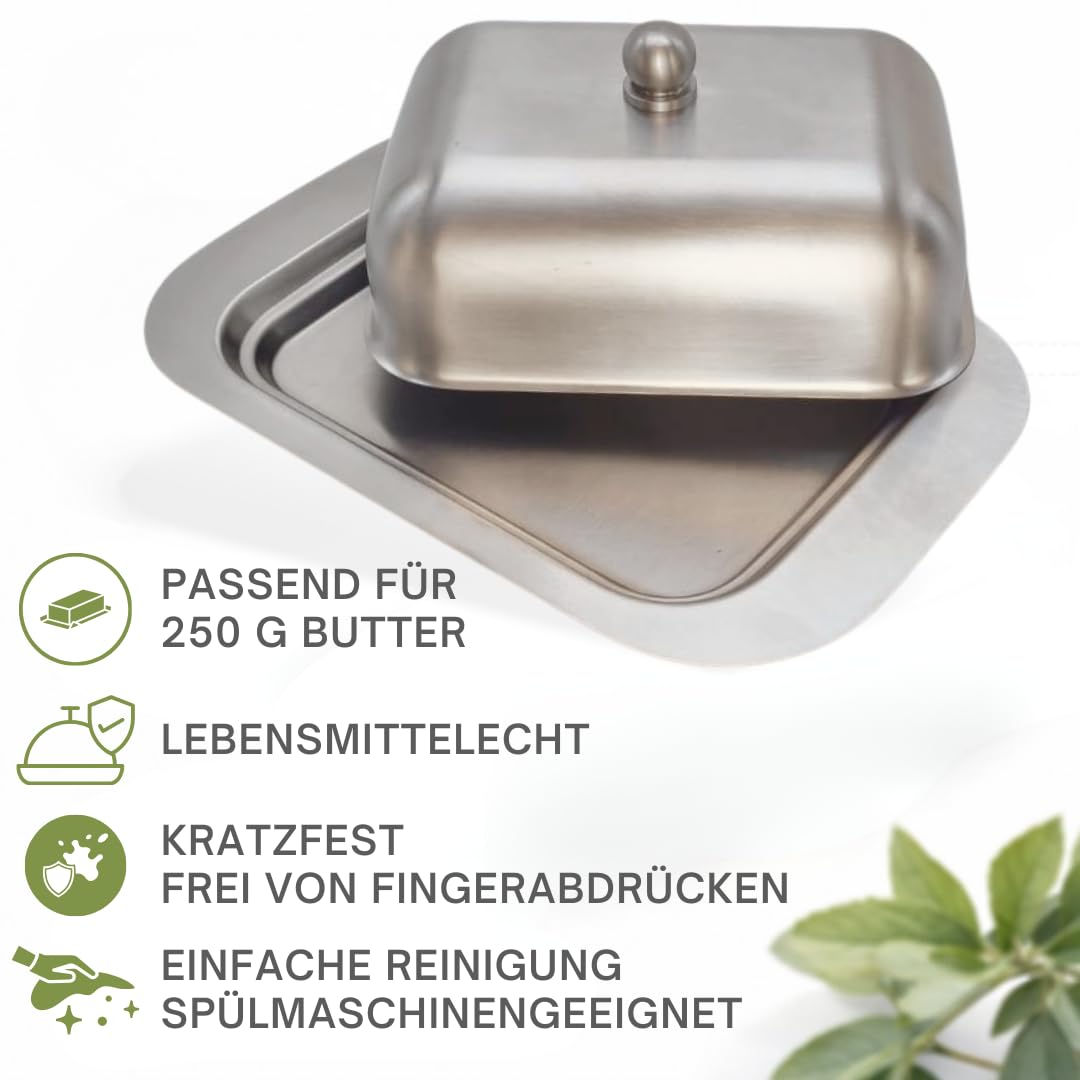 Burriera in acciaio inox con coperchio opaco, lavabile in lavastoviglie, per cucina, colazione, frigorifero, contenitore per burro e margarina