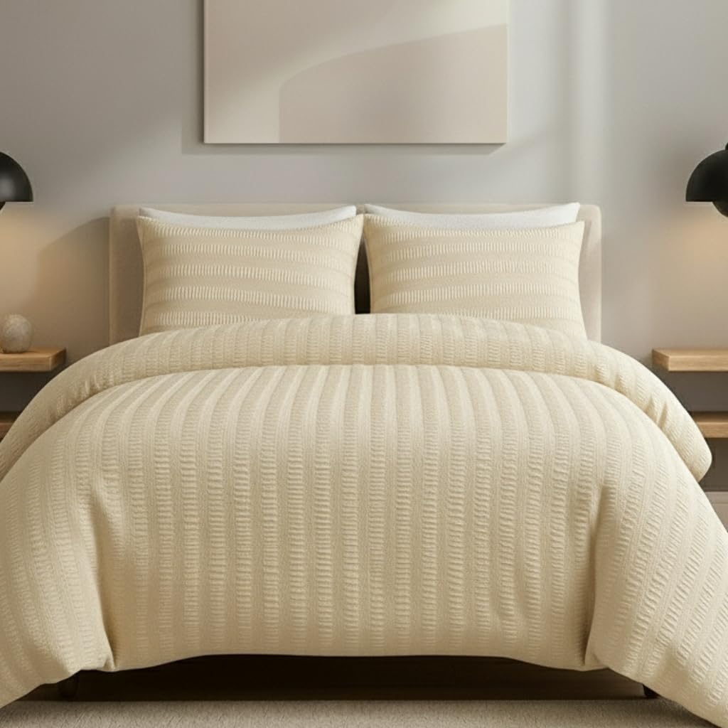 AHS - Super King Cream Seersucker Duvet Set Cover With Pillow Case - Multiple Sizes - Complete Bedding Set - Ultra Soft Brushed Microfiber - EasyCare & Machine Washable — image 1