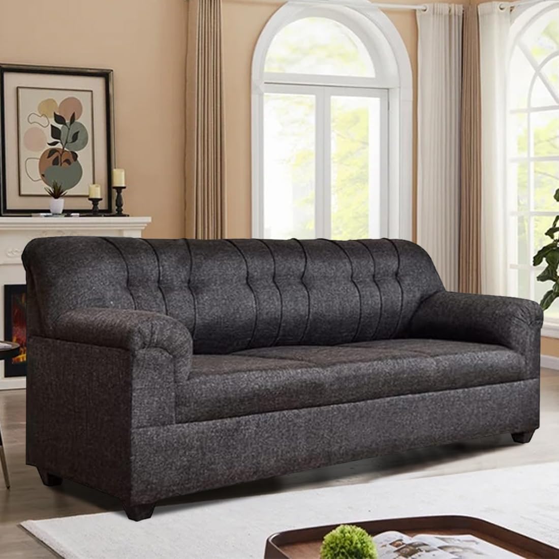 FURNY Alborra 3 Seater Fabric Sofa Set -(Grey)-image-37