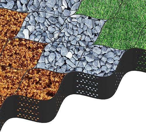 YUEWO Geo Grid Ground Grid 3 Inch (9x17FT) 155 sq ft Geocells Cellular Confinement System Geo Cell Grid Paver for Gravel Stabilizer for Light Duty Traffic Areas Foot Traffic with 30pcs Buckles