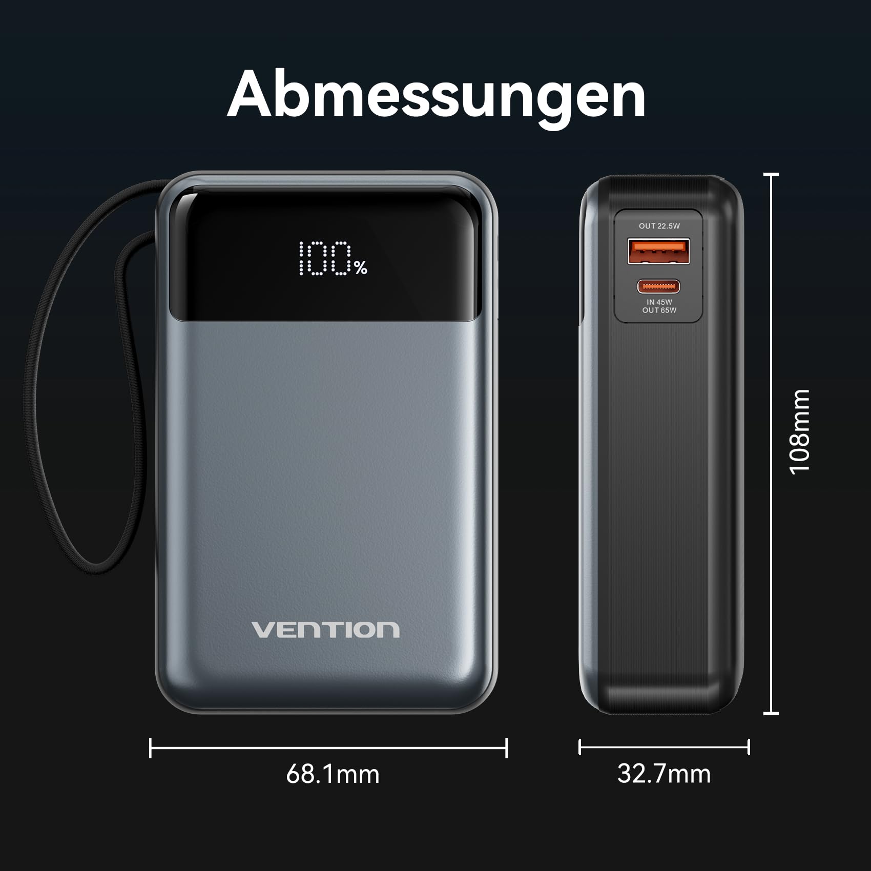 VENTION 65W 20000mAh Laptop Power Bank Schnellladung, Tragbarer Akku mit LED-Digitalanzeige, USB-C Power Bank für Laptops, iPad, MacBook, iPhone 16, 15, 14, Samsung S24, S23 usw