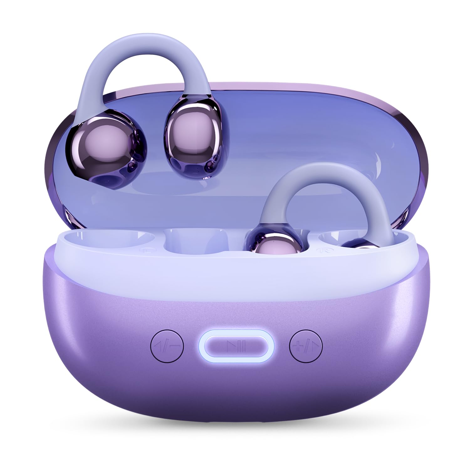 DwOTS Flow 2 Open-Ear OWS Earbuds with Smart Case Control, Clip On Design with Ear Hooks, AI-ENC Mic, Up to 60 Hours Playtime, Dual Connectivity, IPX5 Sweat Resistance, Wireless Earbuds (Purple)-image-45