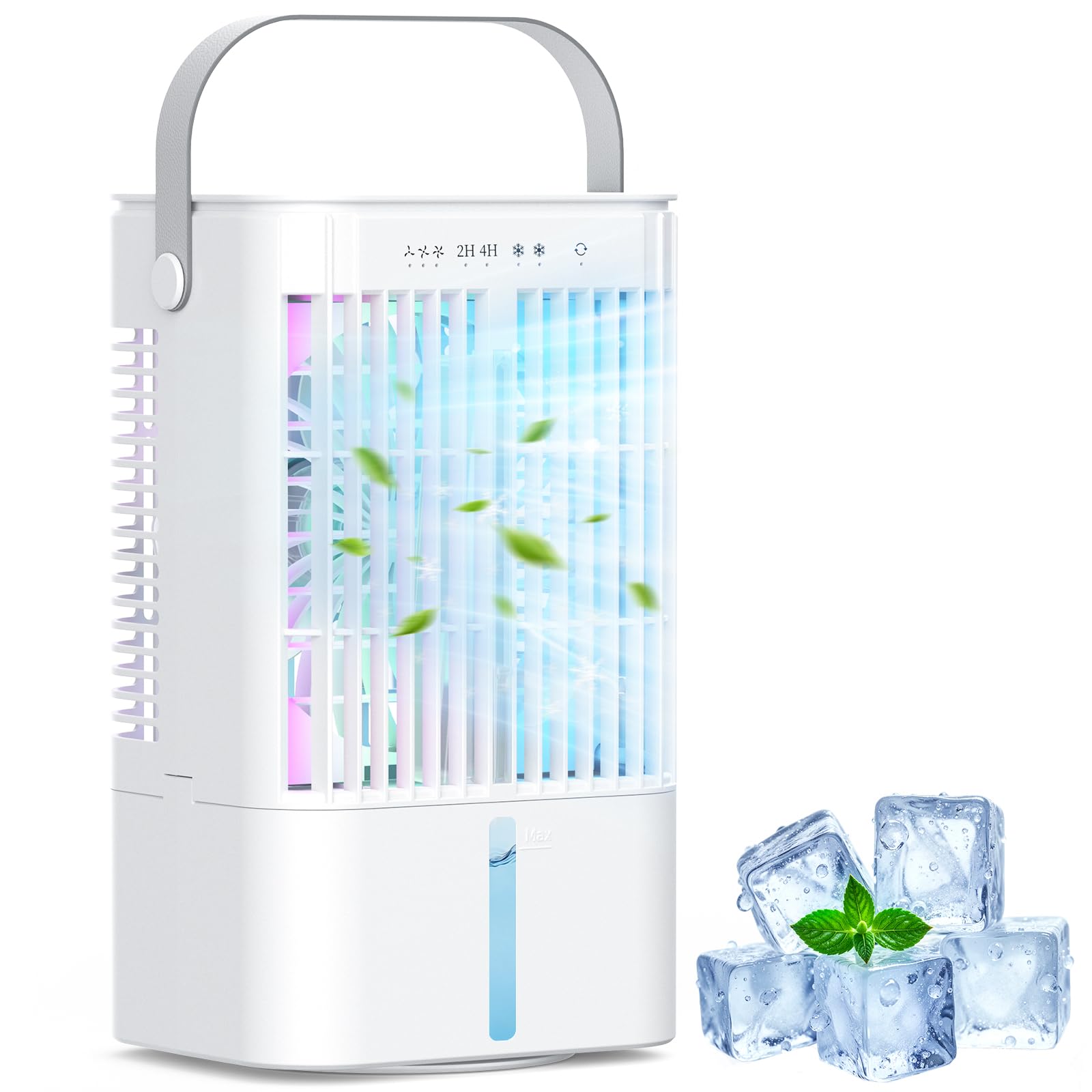Mowend Mobilny mini klimatyzator 3 w 1, mały, ze zbiornikiem na wodę o pojemności 1200 ml, 3 poziomy prędkości, 2 tryby zimnej mgły, 7 kolorów z timerem 2/4h, idealny do domu i biura