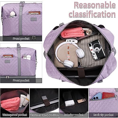 Large Weekender Bags for Women: 3PCS Overnight Travel Duffel Carry On Shoulder Weekend Tote with Shoe Compartment and Wet Pocket &Toiletry Bags, Purple — view 4
