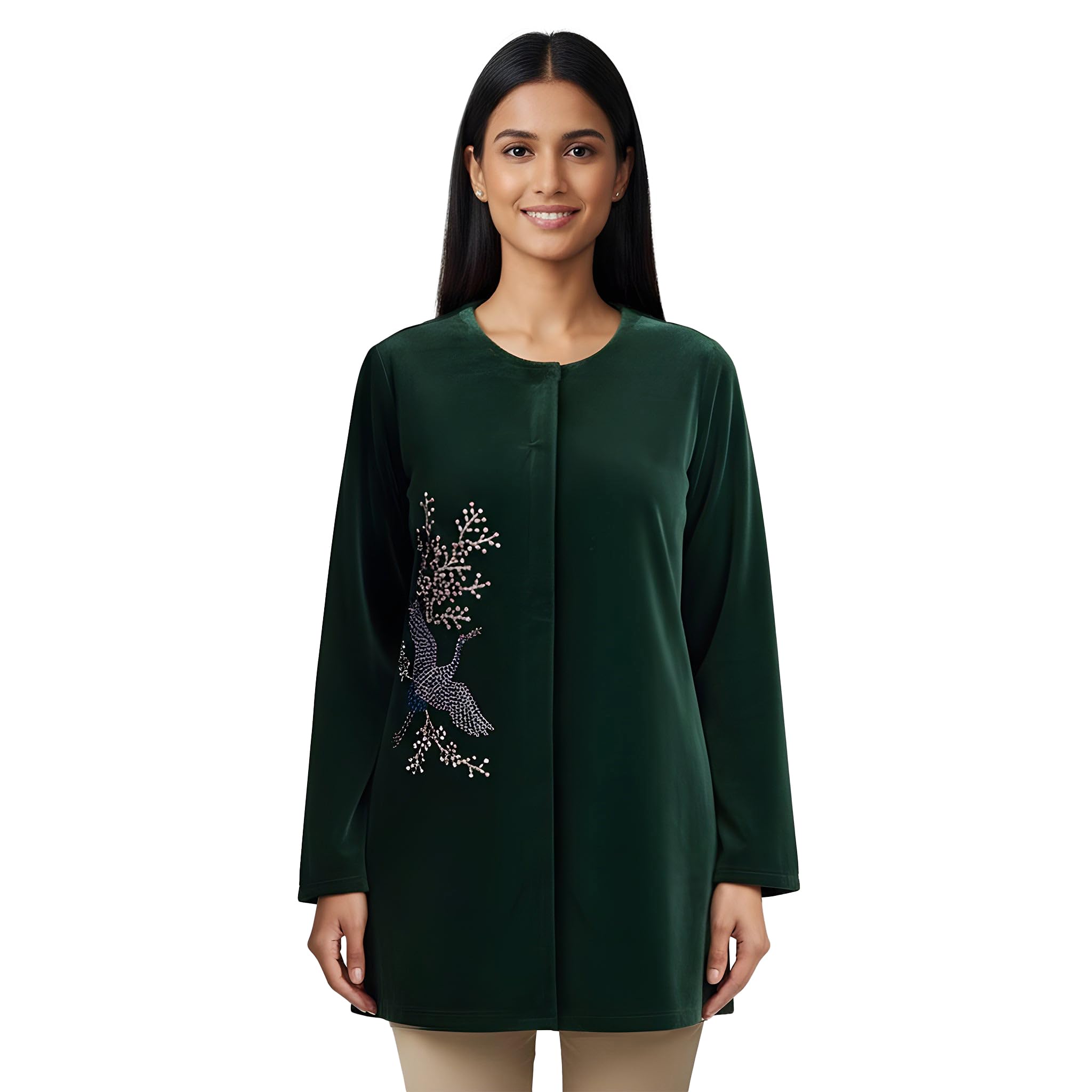 first resort Bottle Green Swan Motif Hand Embellished Velvet Jacket-picture-37