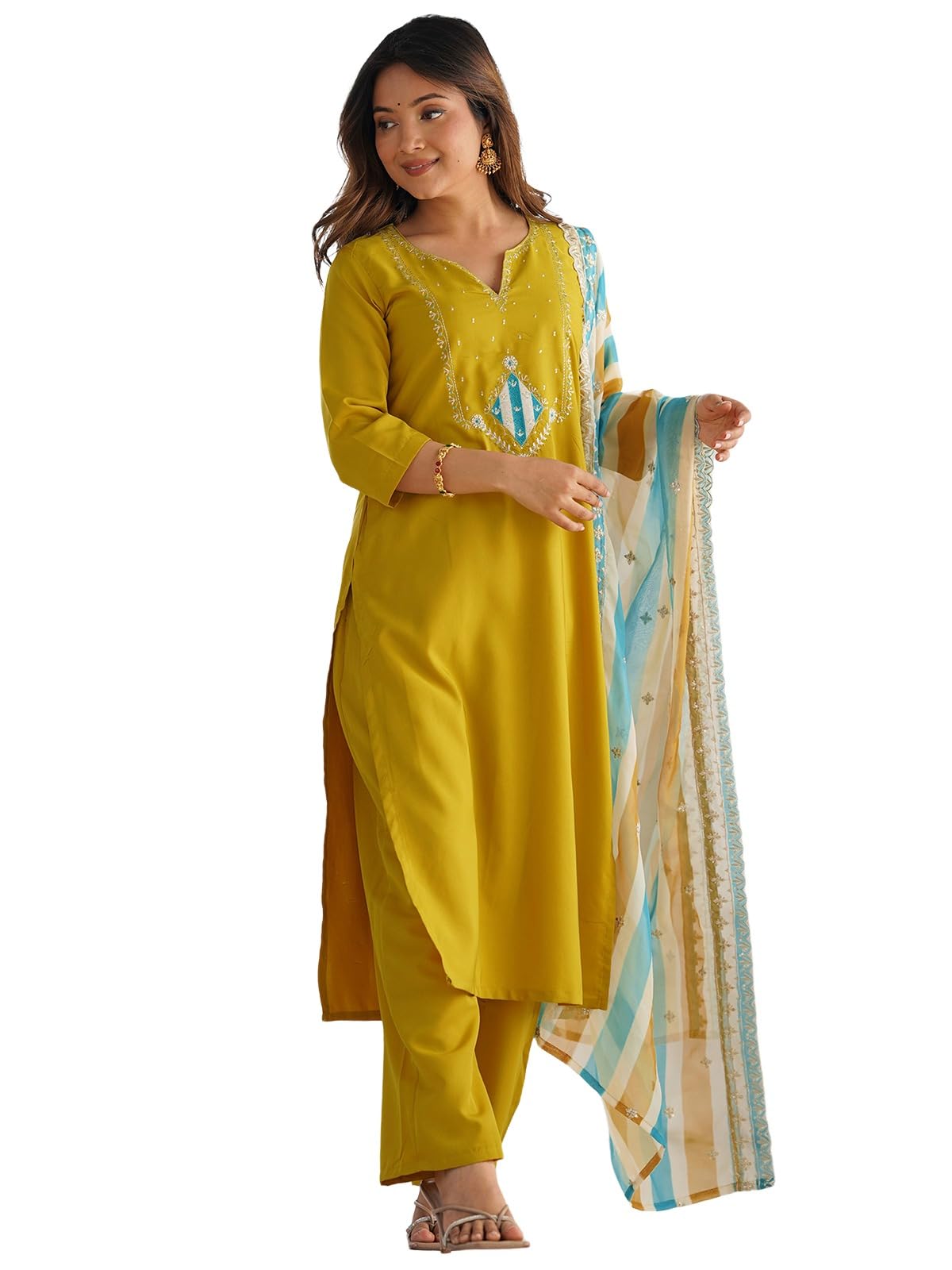 Sanisa Women's Silk Embroidery And Sequins Work Straight Kurta With Pant And Dupatta Set (238Kbd2512N-M_Mustard Yellow)