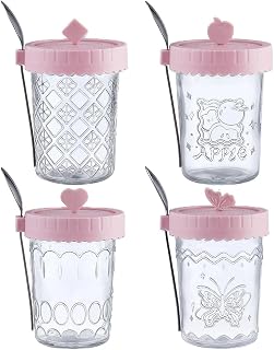 20 OZ Overnight Oats Containers With Lids and Spoons, 4-Pack Mason Jars, Wid, Meal Prep Salad Cereal Storage (pink)