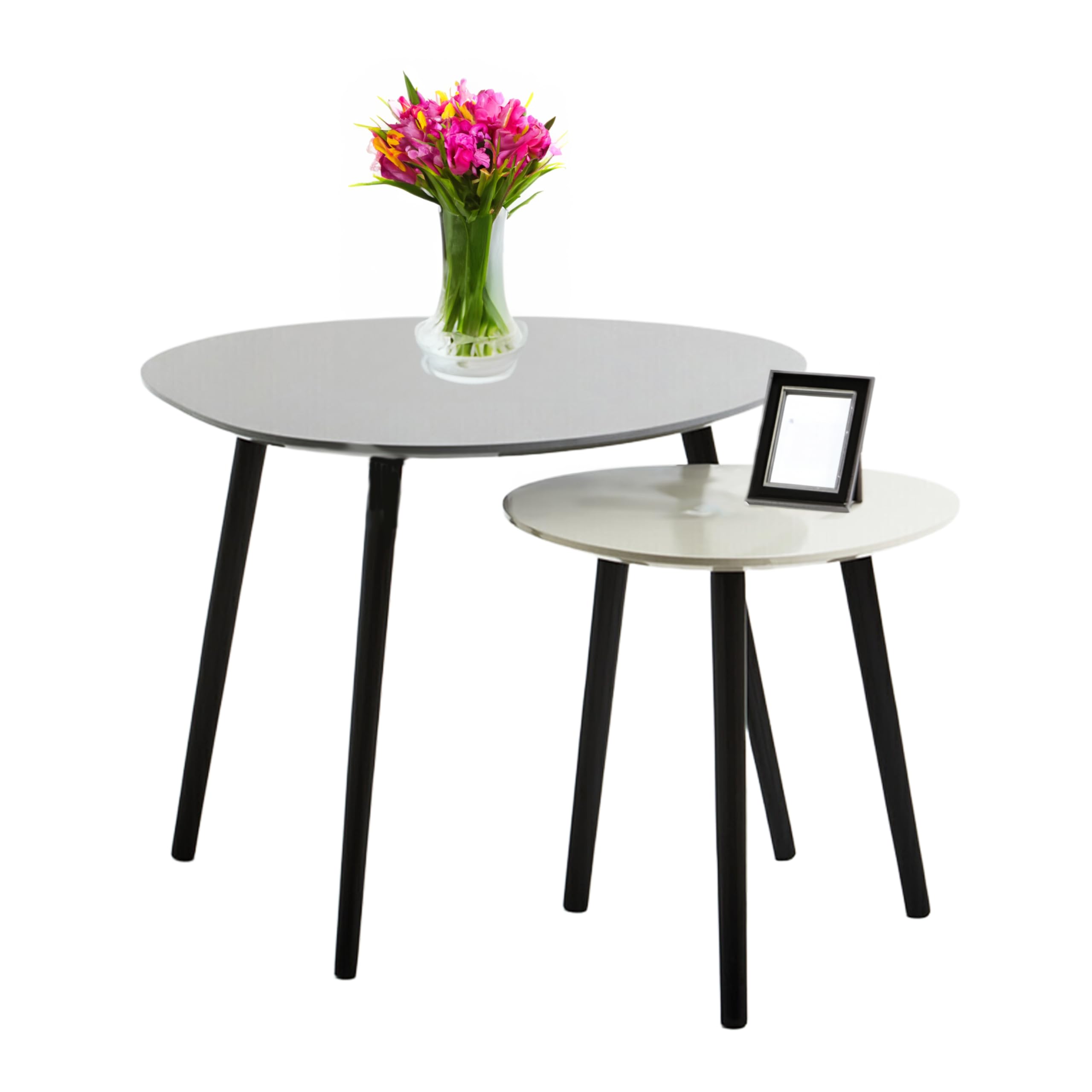 Nesting Tables for Living Room - 2 Piece Set - High Gloss Grey Finish - Durable Console Tables