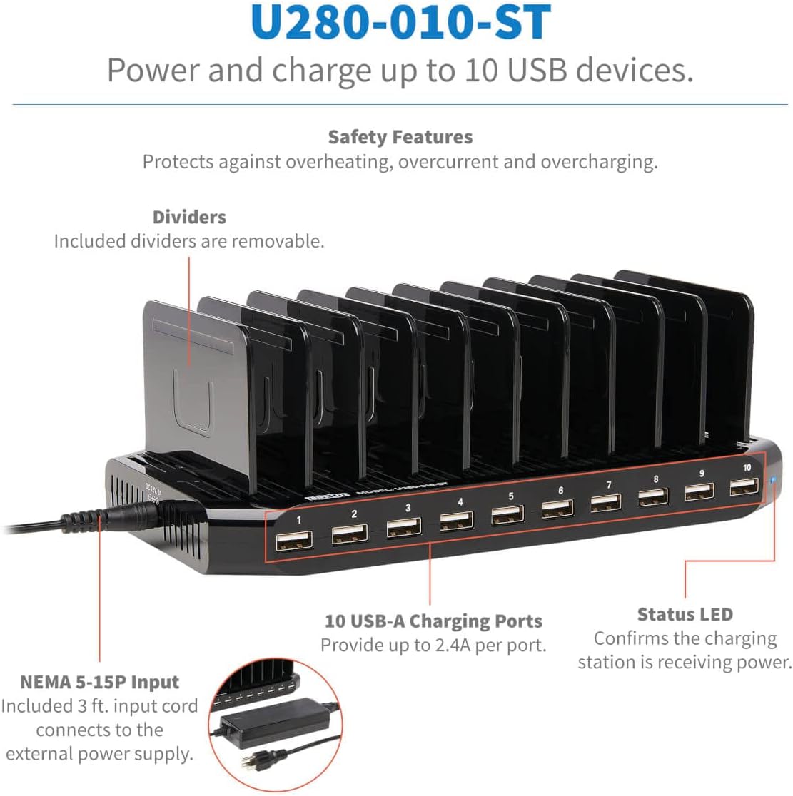 TRIPP LITE 10-Port USB Charging Station Dock with Storage Slots for Tablet iPhone iPad & Laptops (U280-010-ST),Black 10 USB-A Ports image 3 of 18 B017KXQOJA