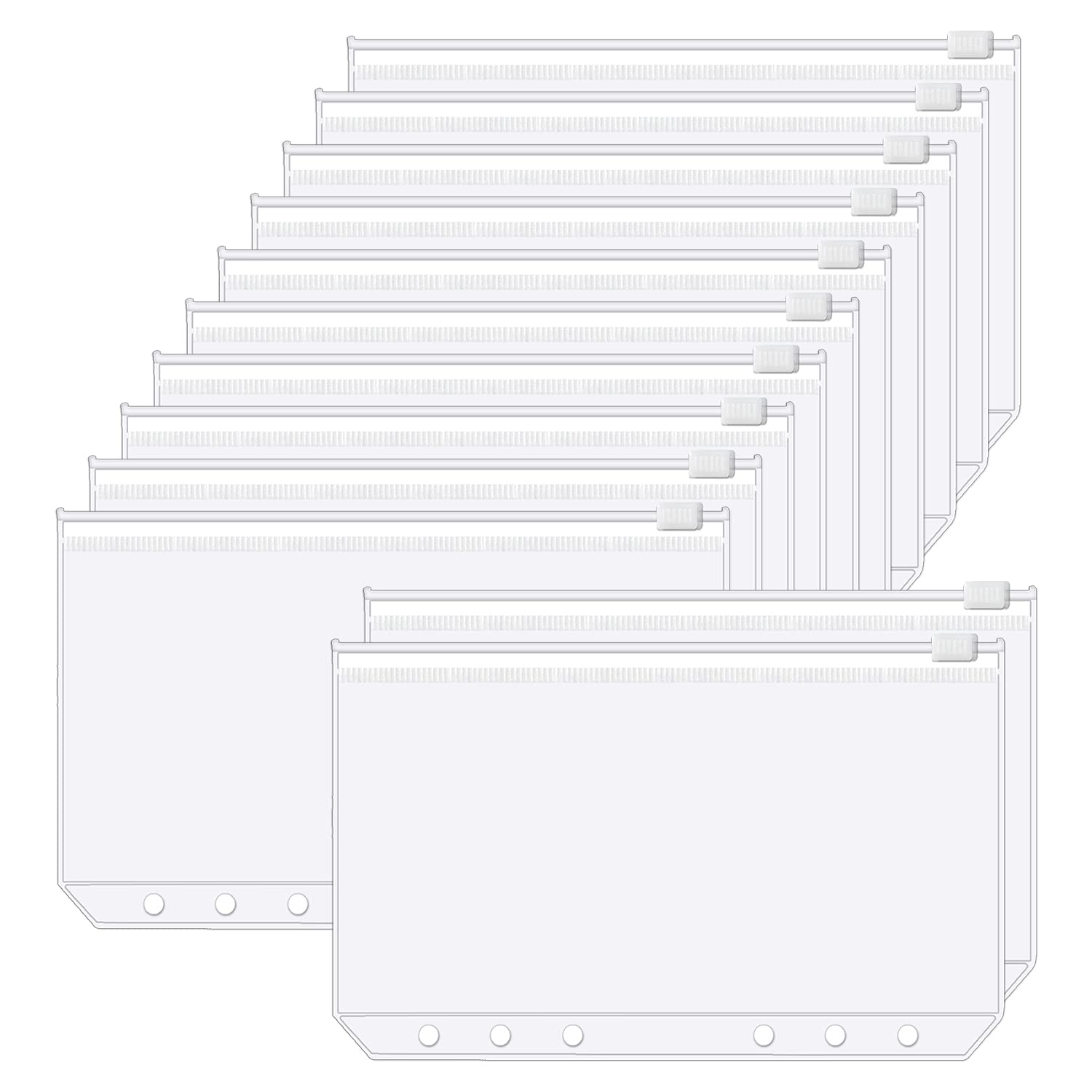 Smarpau A5 Binder Pockets, 12PCS Clear Plastic Binder Zipper Folders 6 Holes Zipper Loose Leaf Bags, Waterproof PVC Pouch Document Filing Bags Punched Pockets for Photo, Document, Cards, Bills