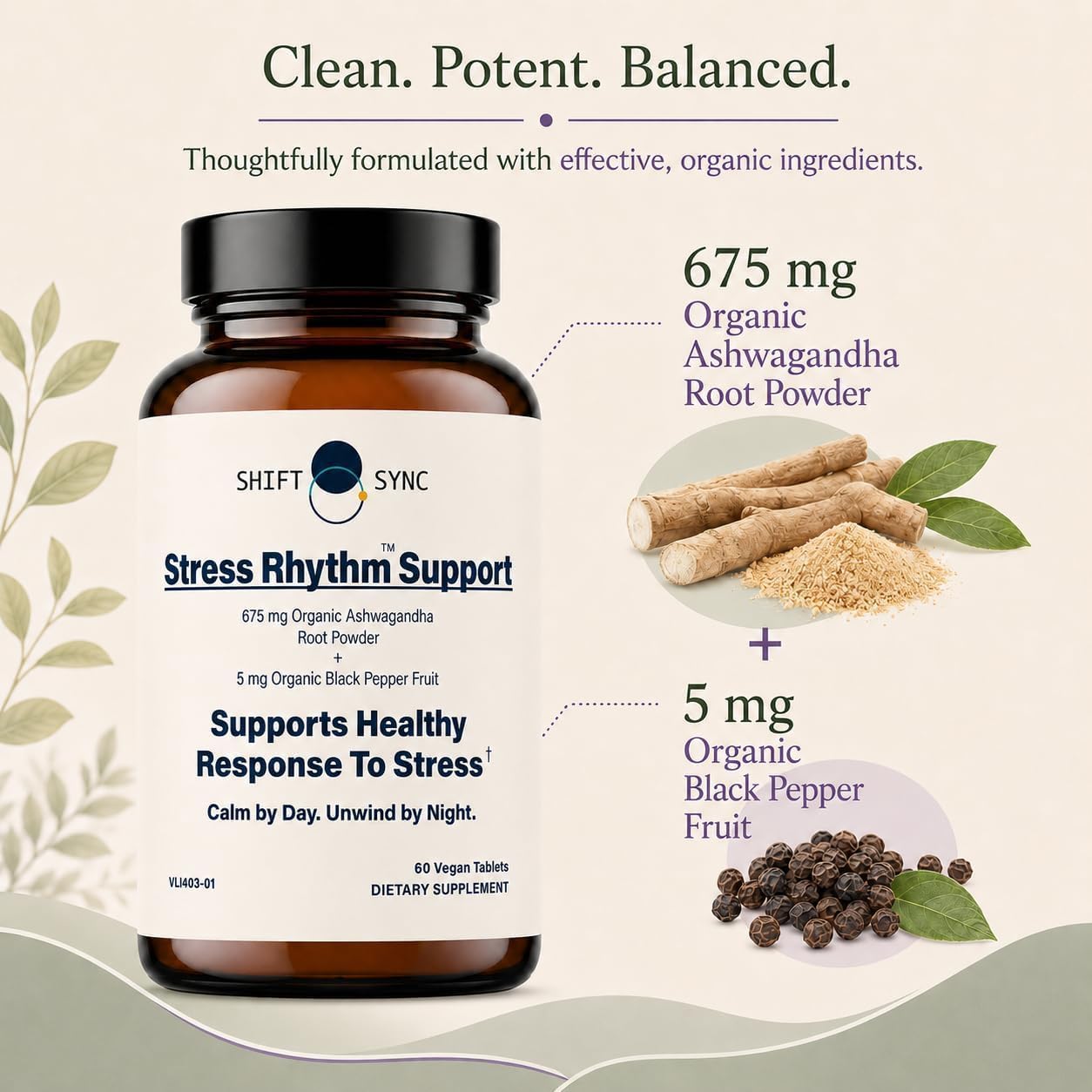 Organic Ashwagandha, 675mg Organic Ashwagandha Root + 5mg Organic Black Pepper, Supports Healthy Response to Stress, 60 Tablets