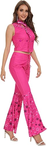 Miniatura 4 de Poboola Trajes de vaquera rosa para mujer, disfraz de los años 70 y 80, pantalón hippie de discoteca acampanada, disfraces de Halloween, cosplay