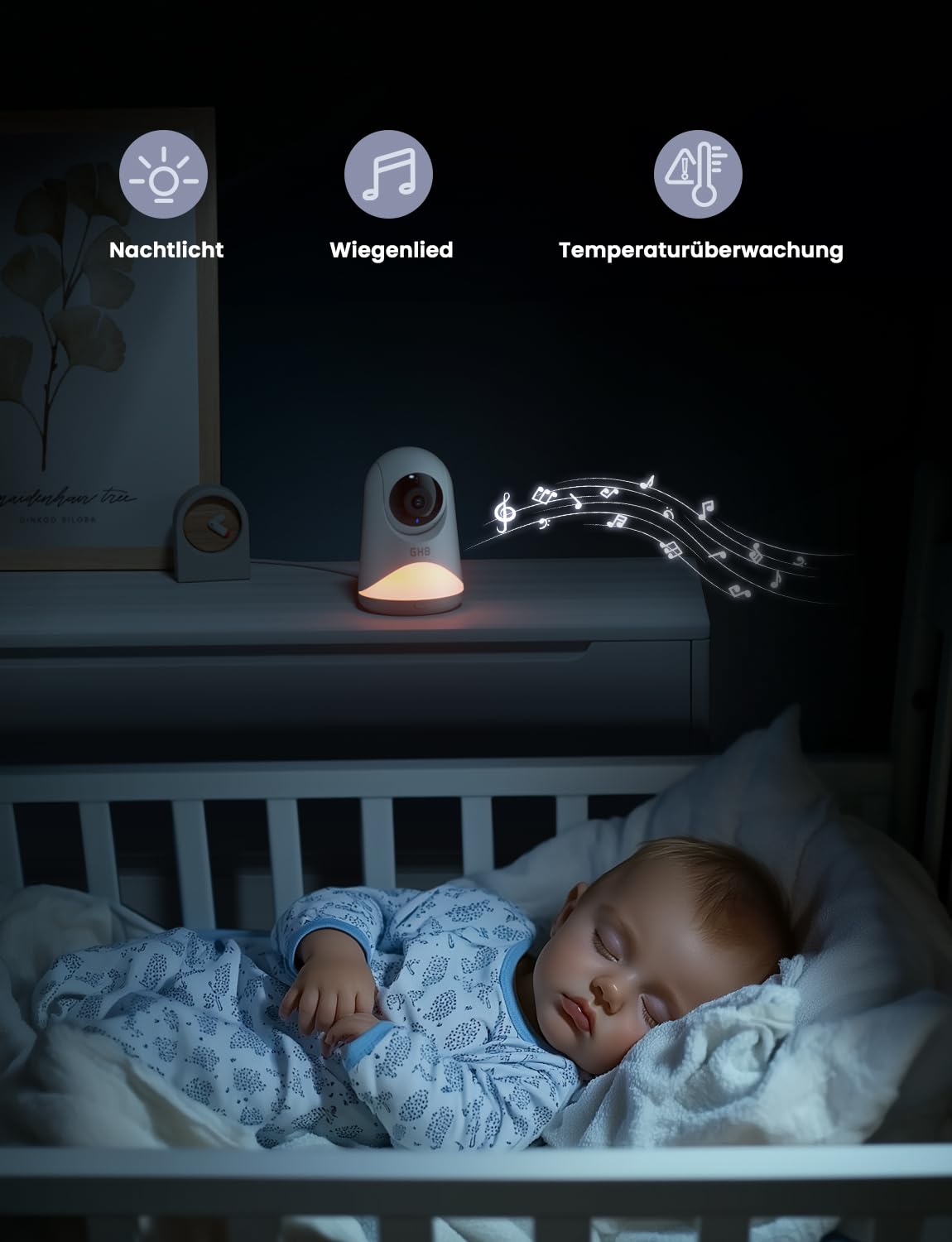 GHB Babyphone mit Kamera 5'' HD IPS Bildschirm 720P 3050mAh VOX Modus 3X Zoom Nachtsicht Gegensprechfunktion 8 Wiegenlieder 4 Kamera Unterstützt