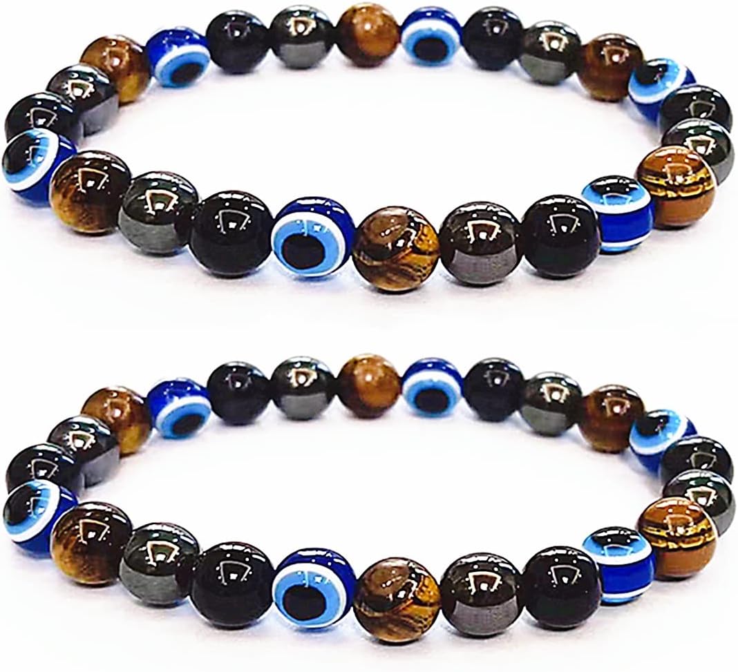 Evil Eye with Hematite Black Obsidian Tiger Eye Stone Triple Protection Bracelets for Men Women, Crystal Jewelry Stone Bracelets Bring Luck and Prosperity and Happiness
