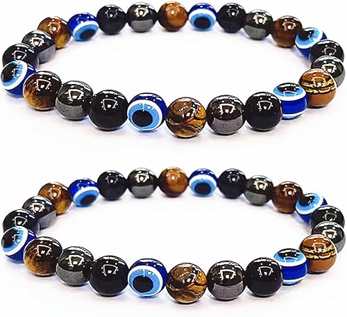 Pulseras de triple protección contra el mal de ojo con hematita, obsidiana negra, ojo de tigre, para hombres y mujeres, pulseras de piedra de